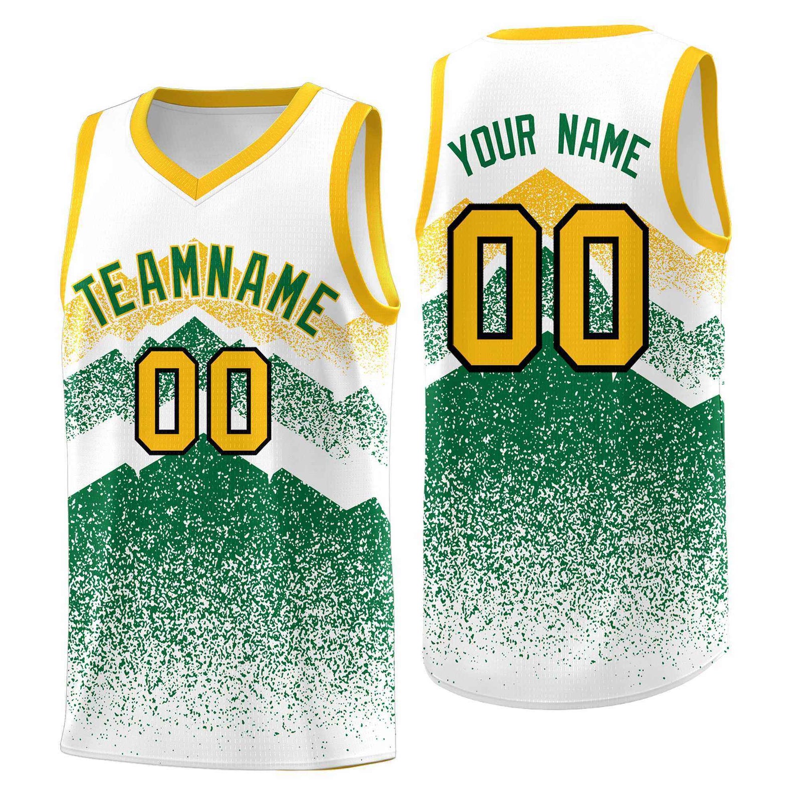 Personalized Youth Basketball Jerseys White Kelly Green Gradient Mountain Design Uniforms