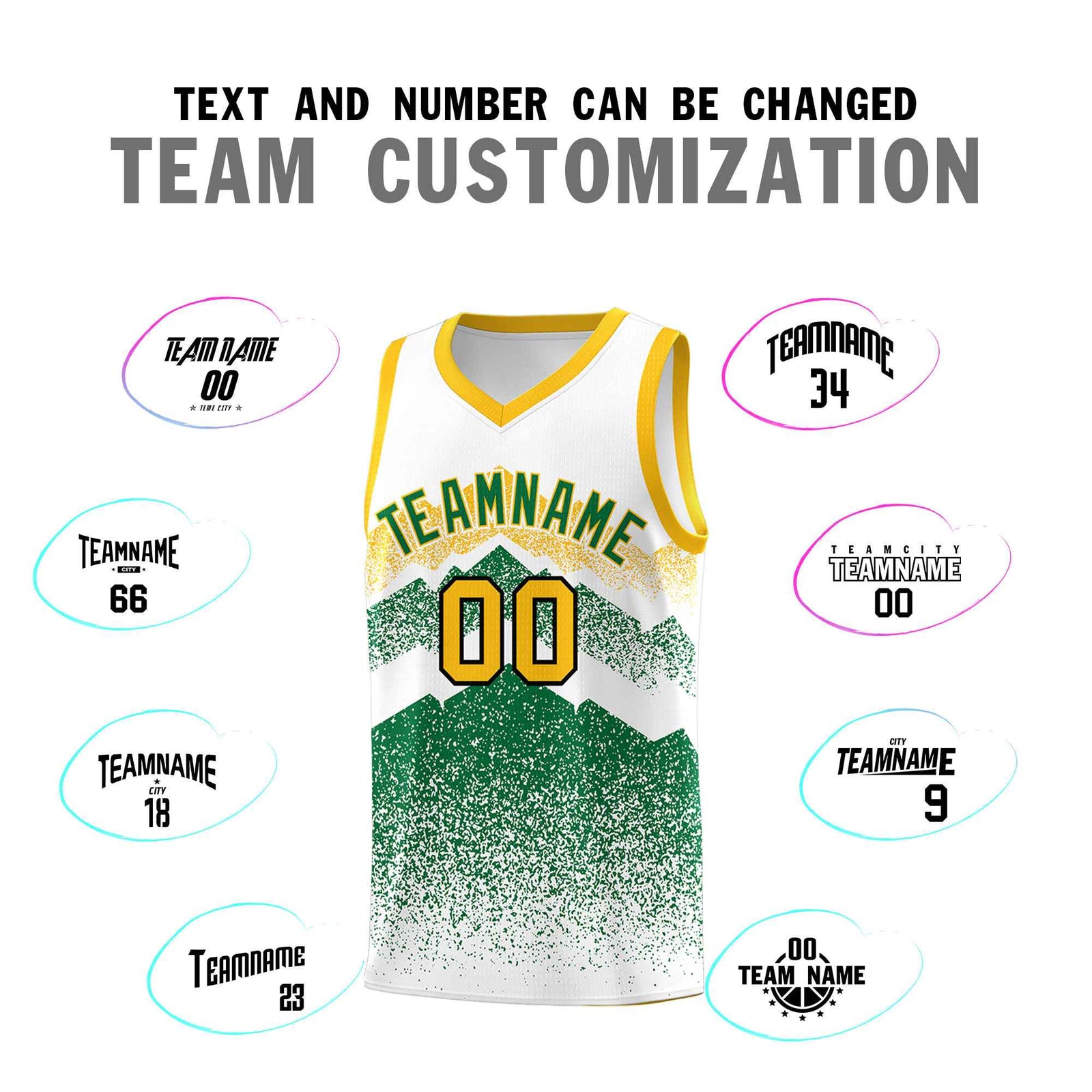 Personalized Youth Basketball Jerseys White Kelly Green Gradient Mountain Design Uniforms