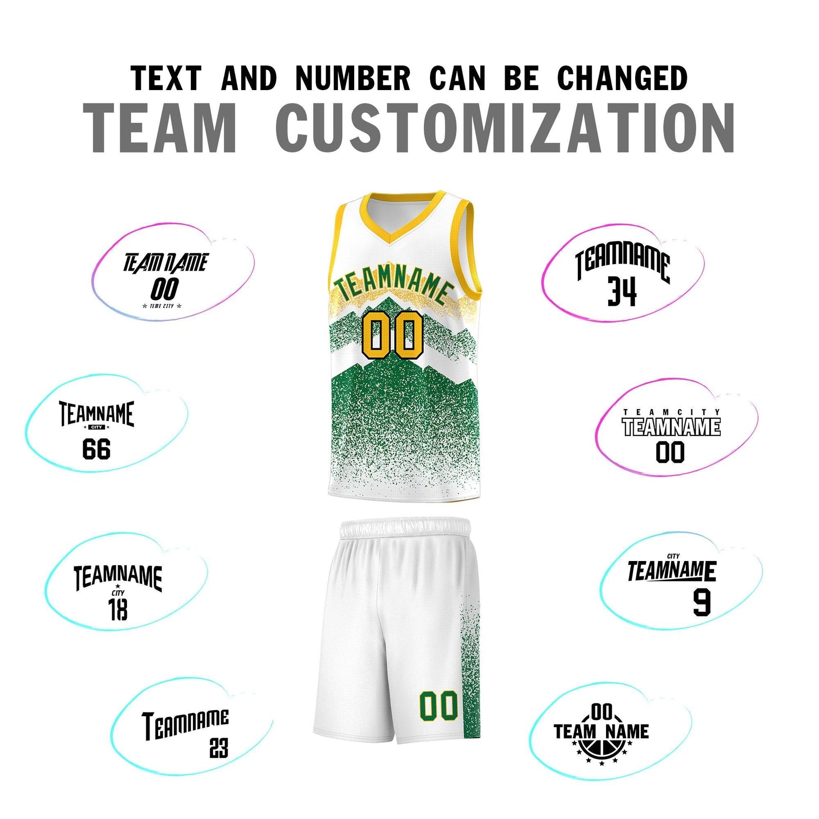 Personalized Youth Basketball Jerseys White Kelly Green Gradient Mountain Design Uniforms