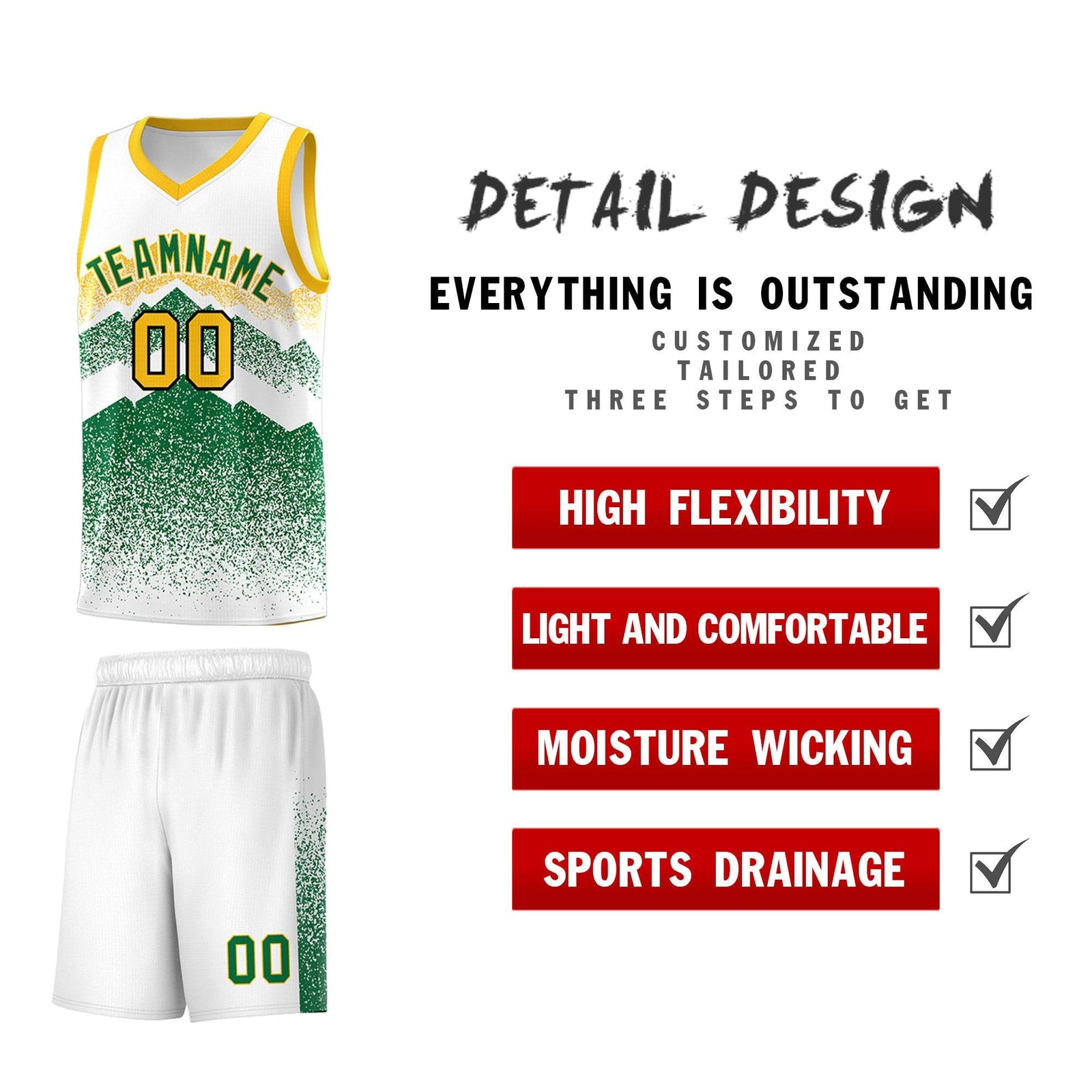 Personalized Youth Basketball Jerseys White Kelly Green Gradient Mountain Design Uniforms