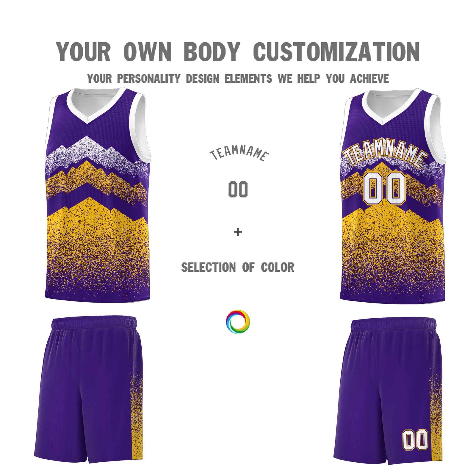 Personalized Youth Basketball Jerseys Purple Gold Gradient Mountain Design Uniforms