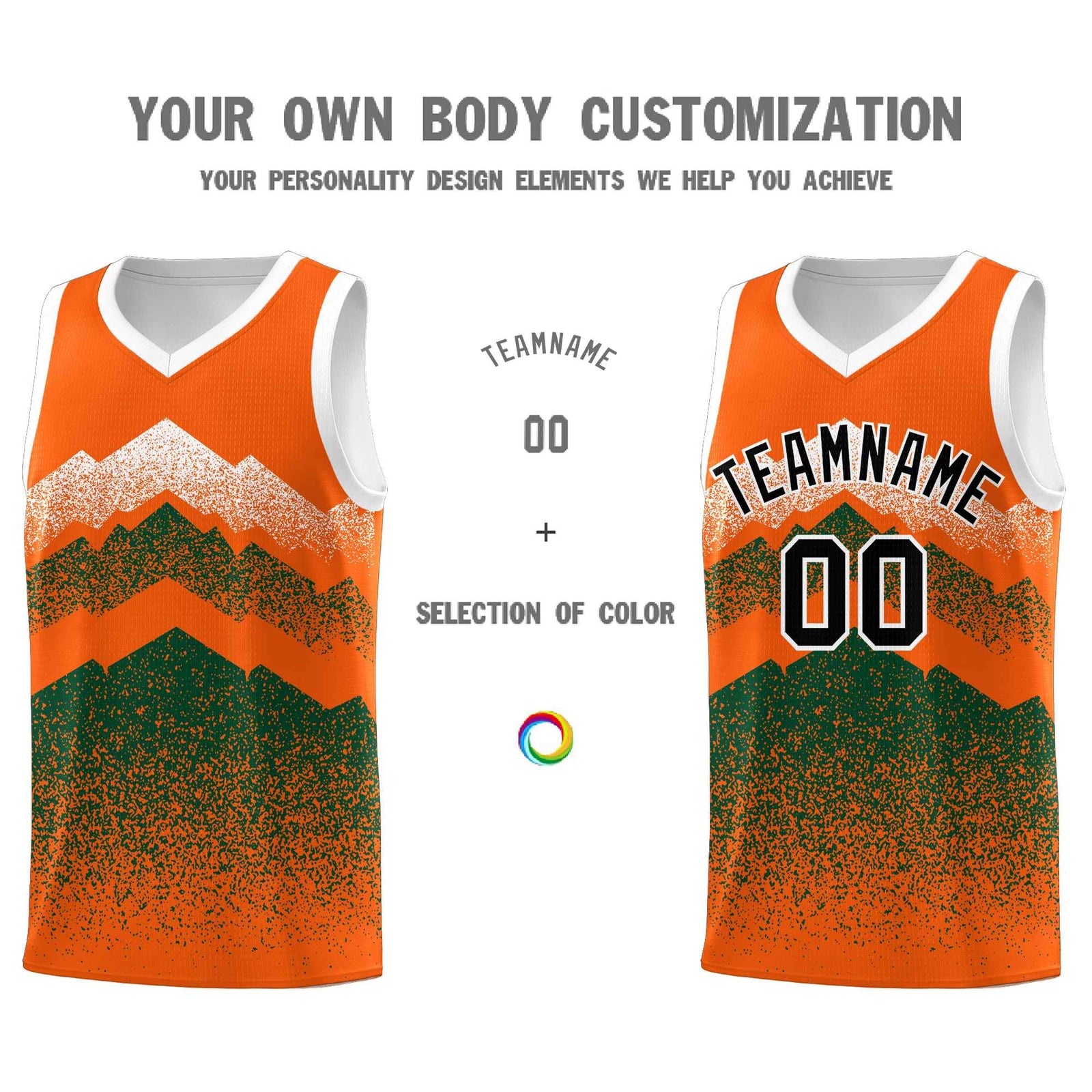 Personalized Youth Basketball Jerseys Orange Green Gradient Mountain Design Uniforms