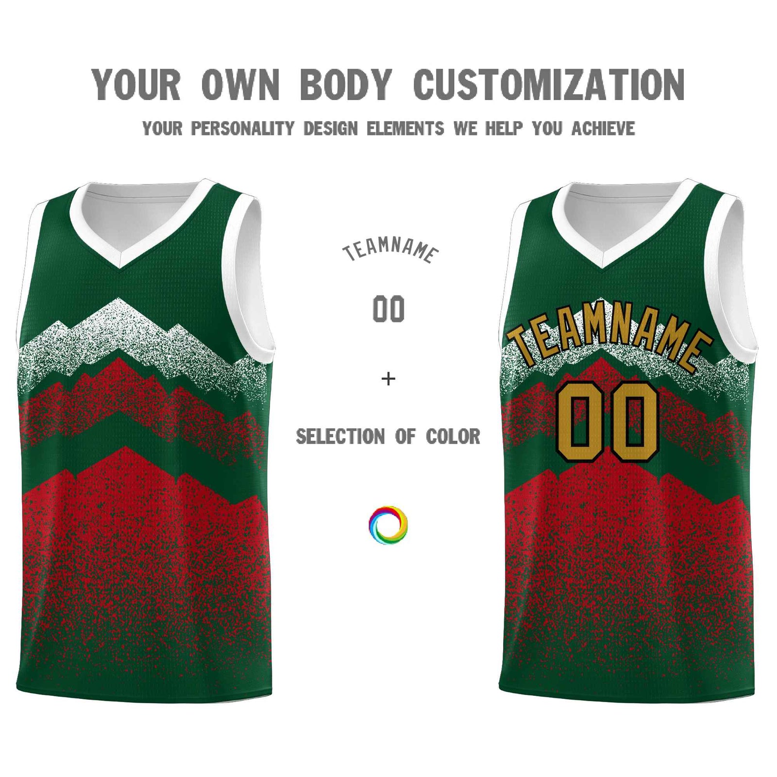 Personalized Youth Basketball Jerseys Green Red Gradient Mountain Design Uniforms