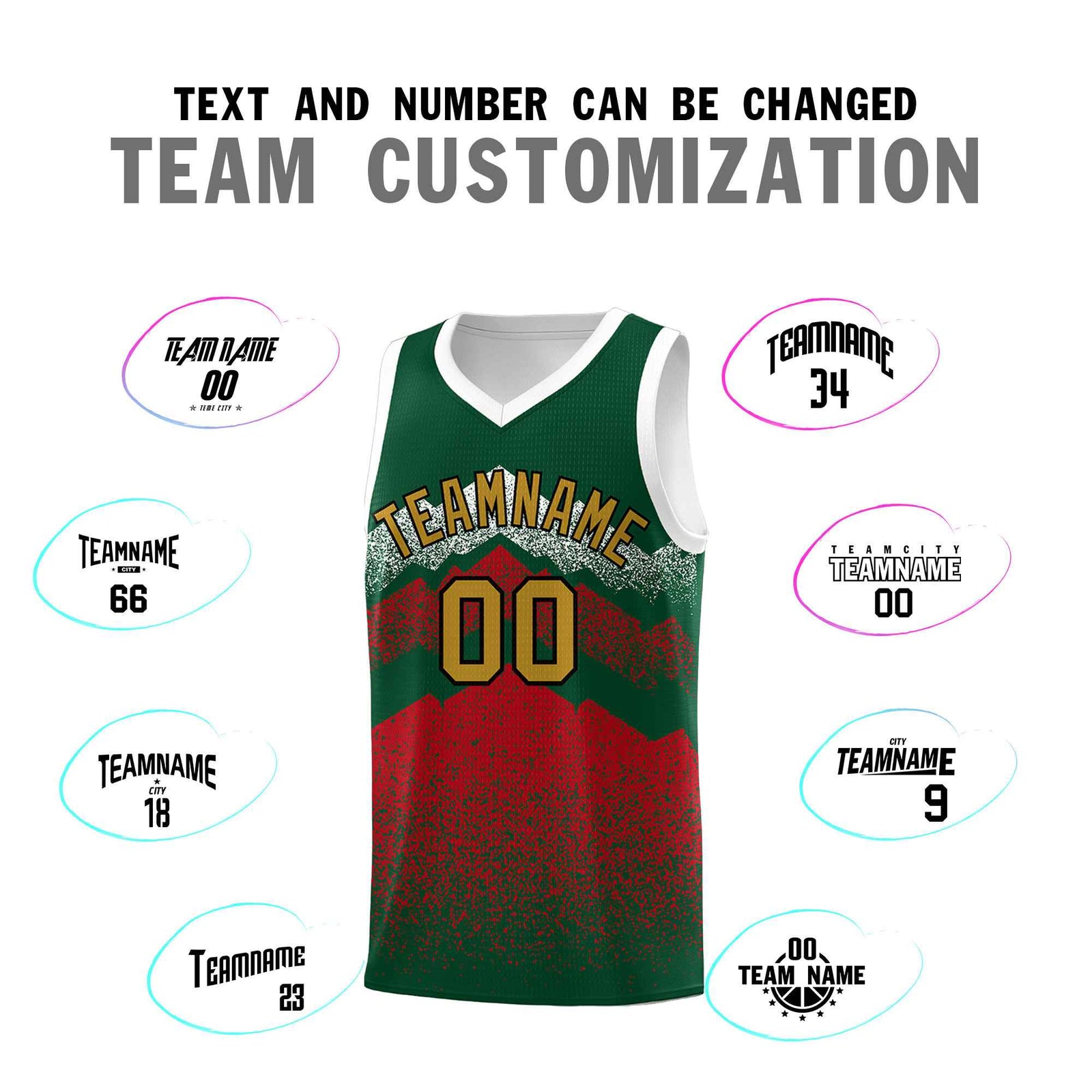 Personalized Youth Basketball Jerseys Green Red Gradient Mountain Design Uniforms
