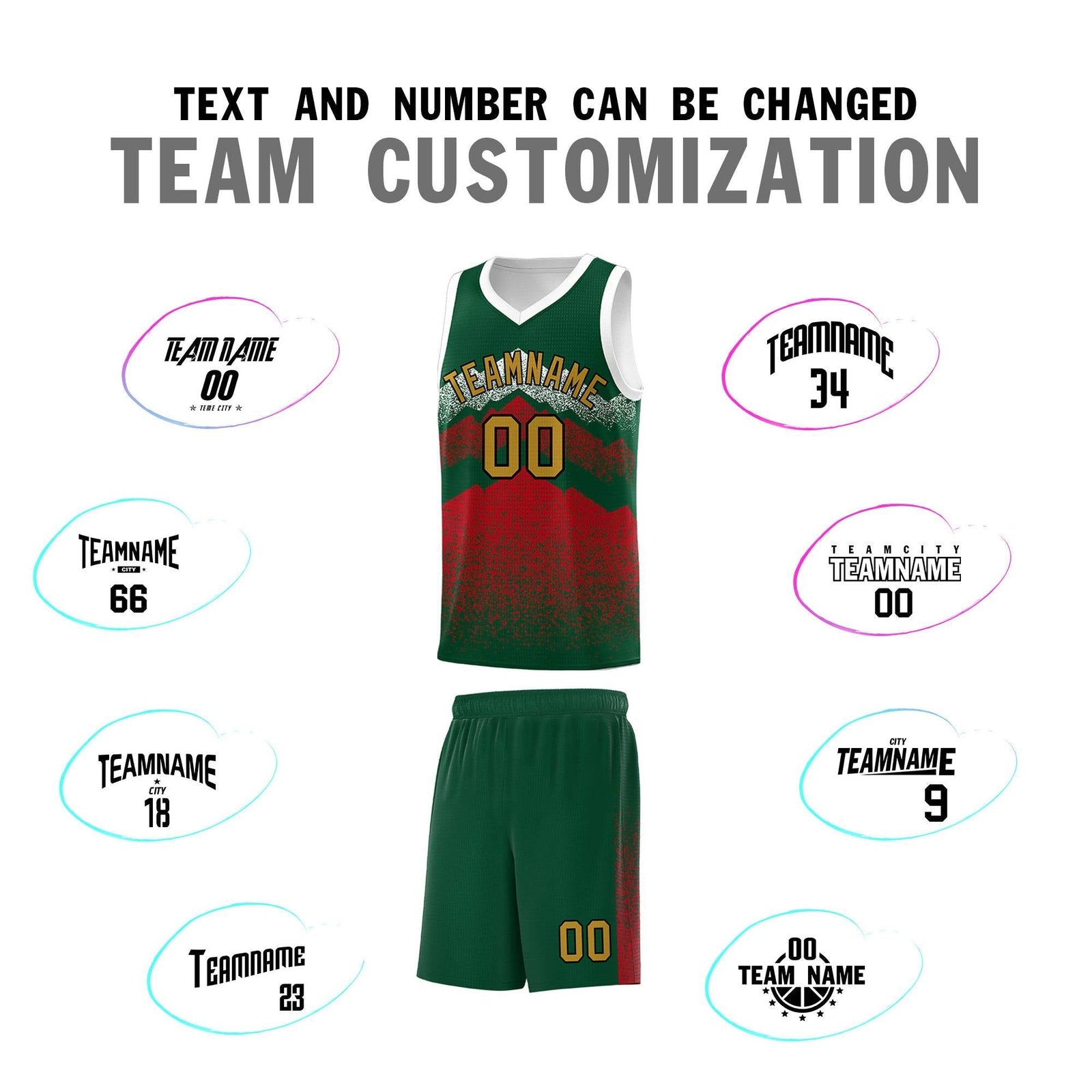 Personalized Youth Basketball Jerseys Green Red Gradient Mountain Design Uniforms