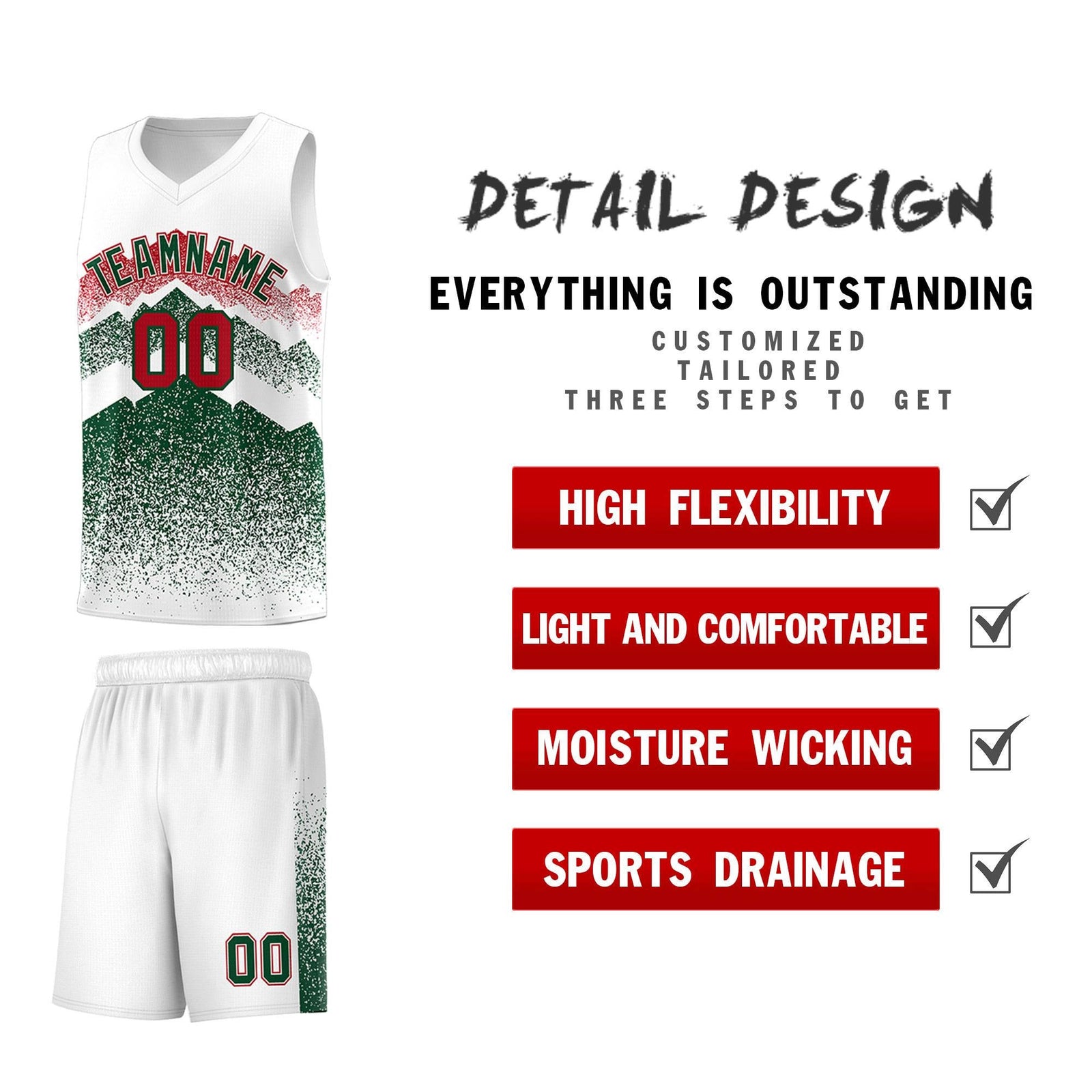 Custom Youth Basketball Jerseys White Green Gradient Mountain Design Uniforms