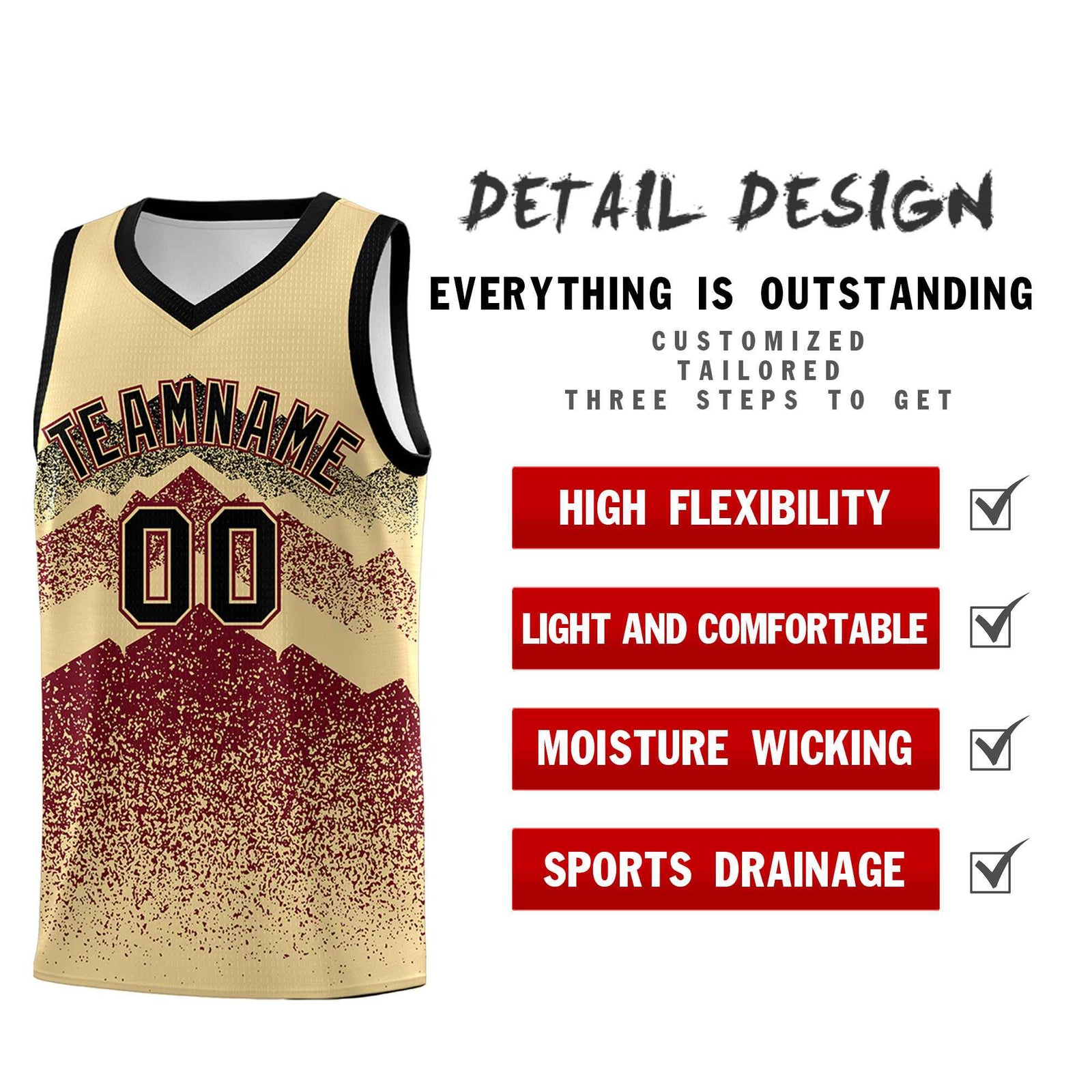 Personalized Youth Basketball Jerseys Khaki Crimson Gradient Mountain Design Uniforms
