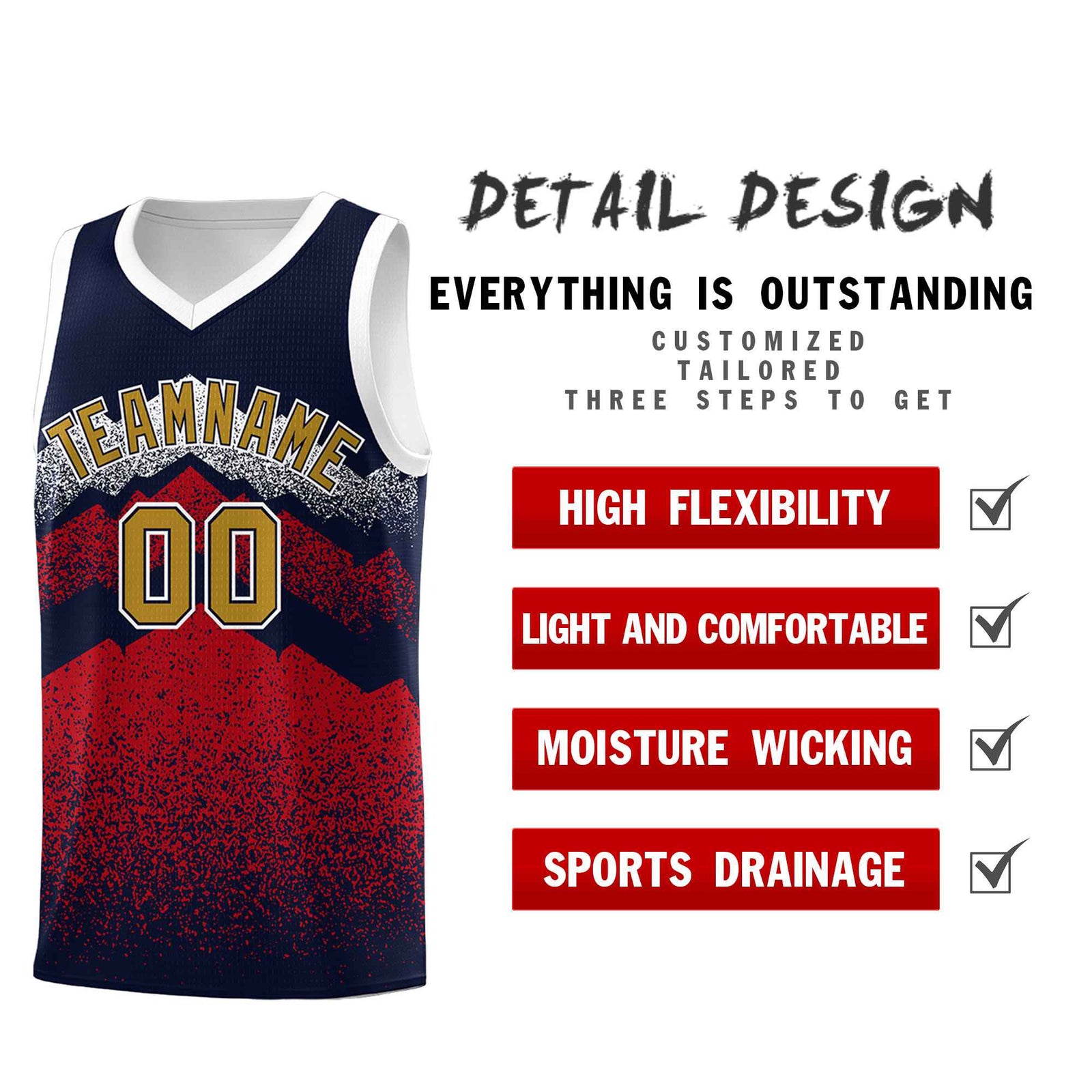 Personalized Youth Basketball Jerseys Navy Red Gradient Mountain Design Uniforms