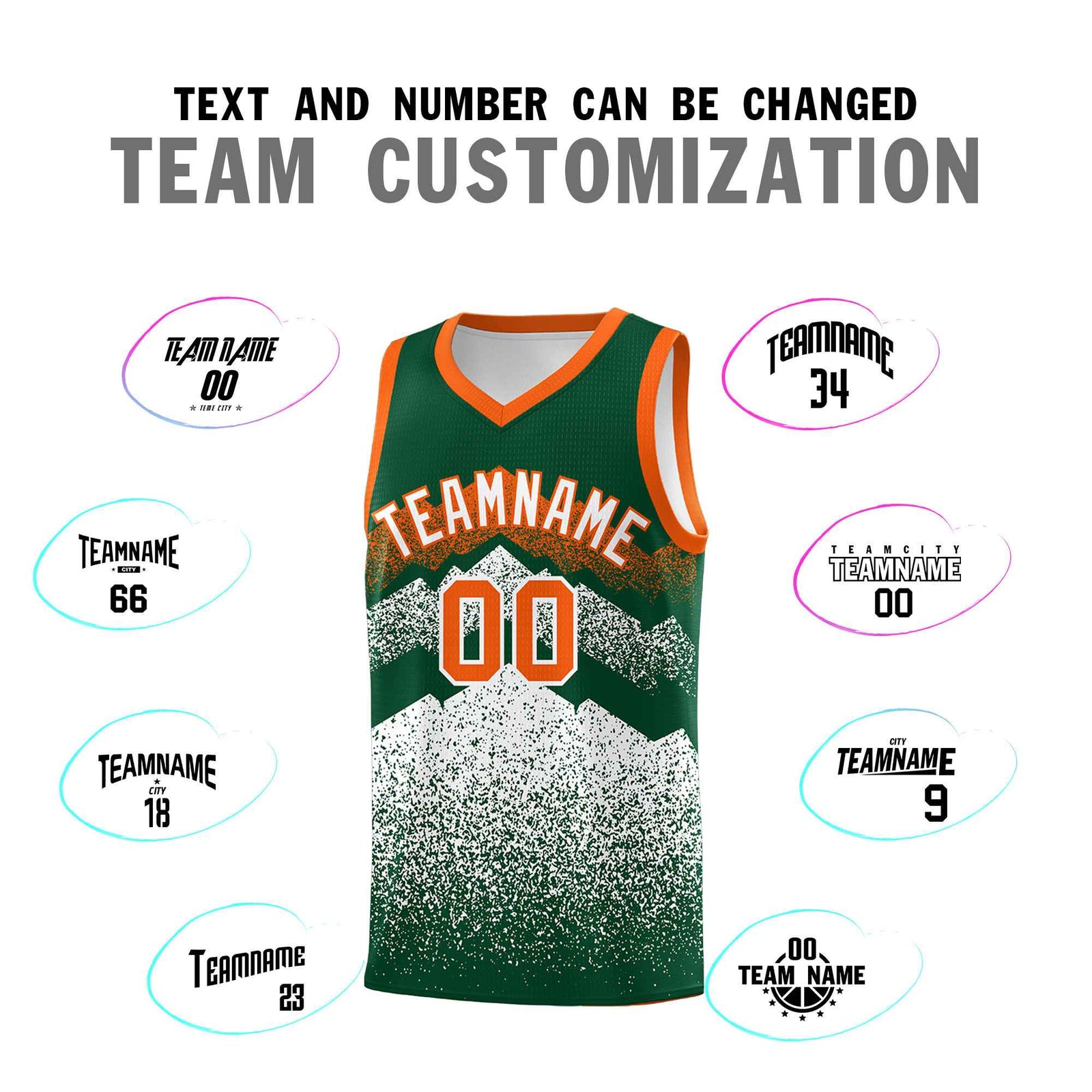 Personalized Youth Basketball Jerseys Green White Gradient Mountain Design Uniforms