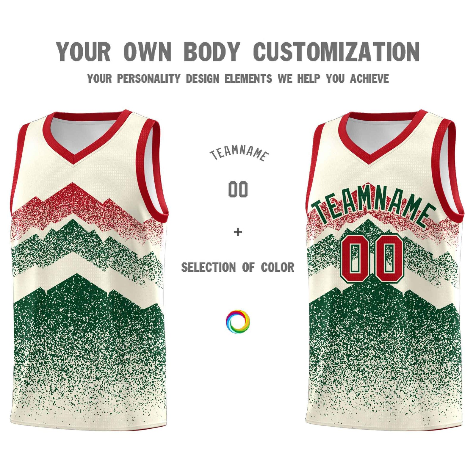 Personalized Youth Basketball Jerseys Cream Green Gradient Mountain Design Uniforms