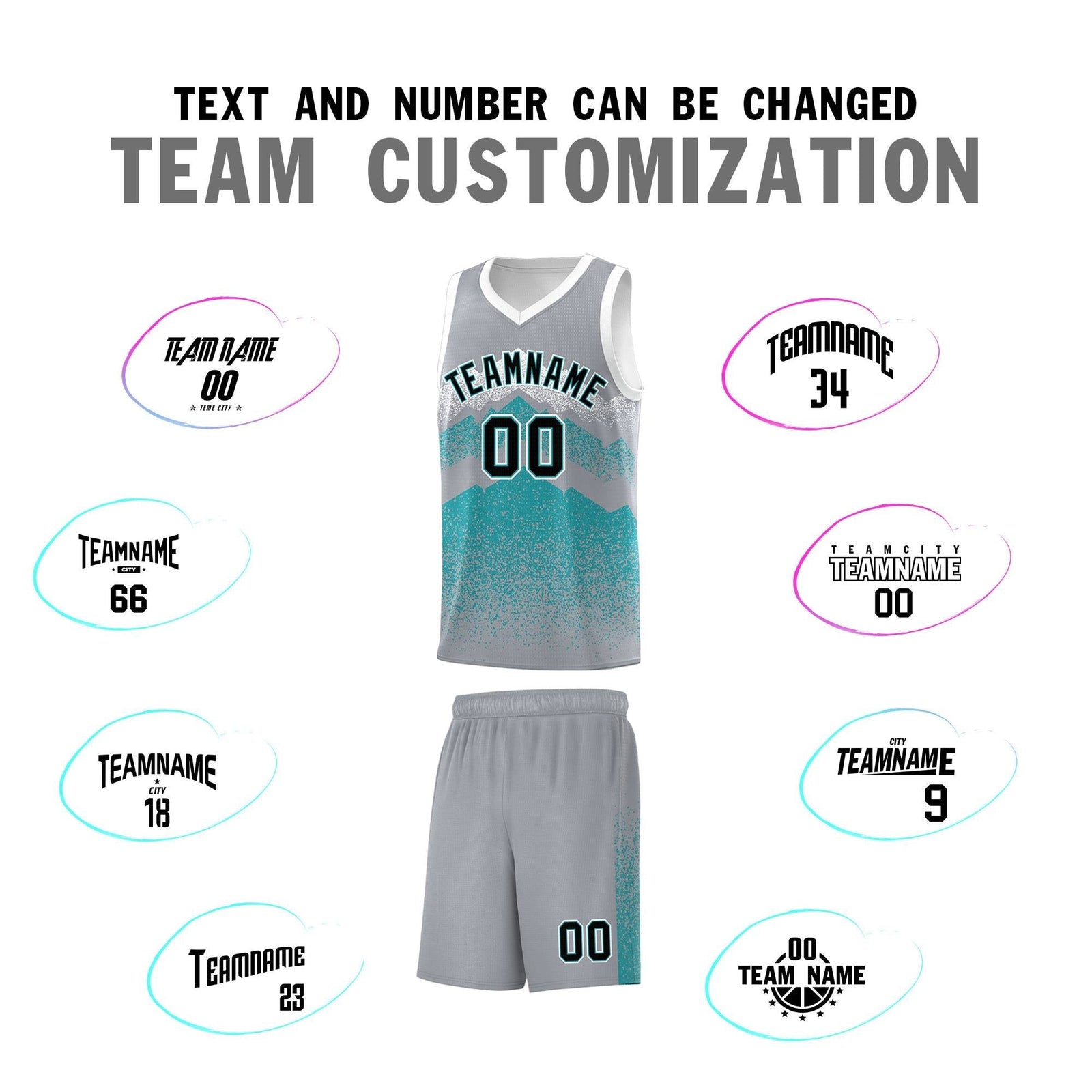 Personalized Youth Basketball Jerseys Silver Teal Gradient Mountain Design Uniforms