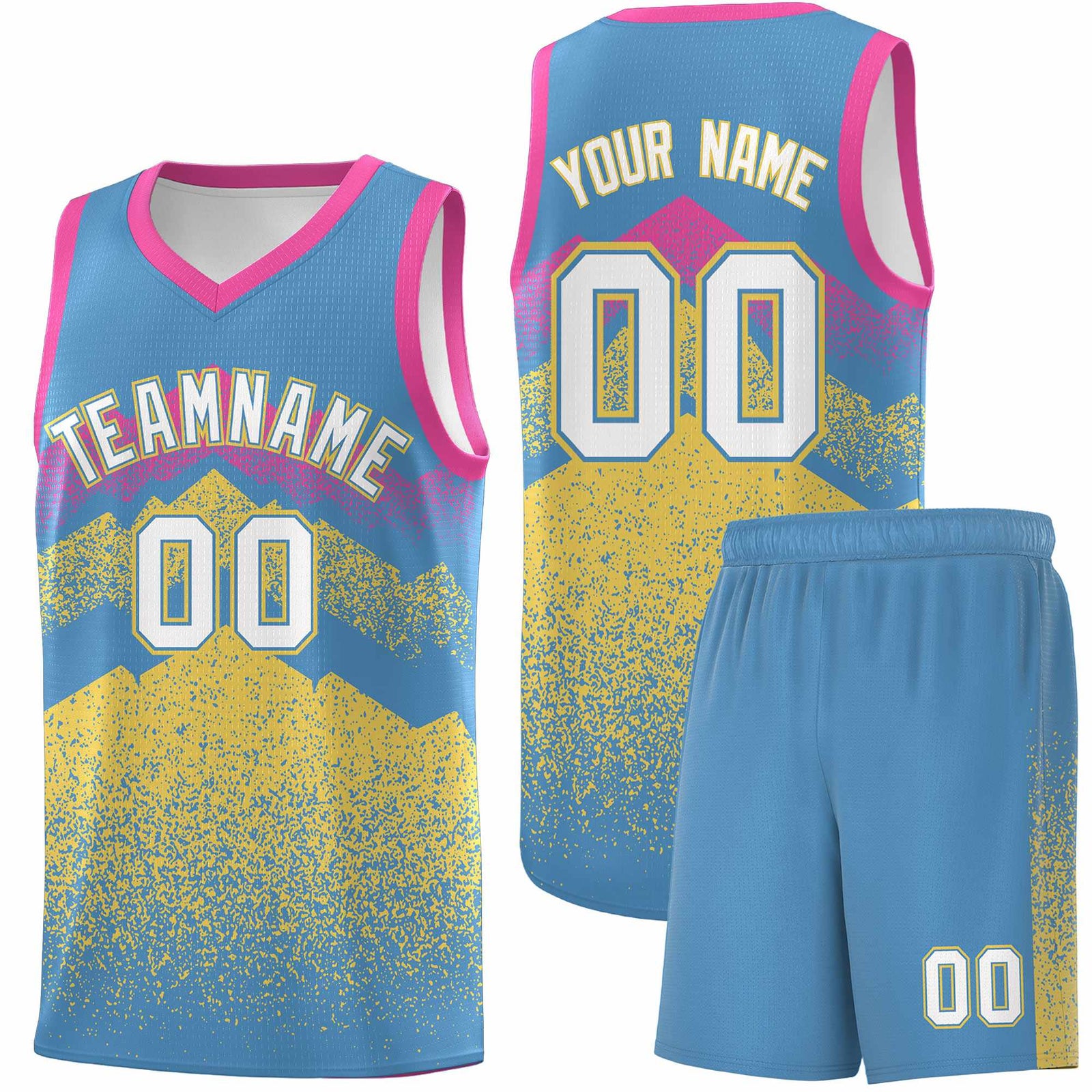 Personalized Youth Basketball Jerseys Light Blue Khaki Gradient Mountain Design Uniforms