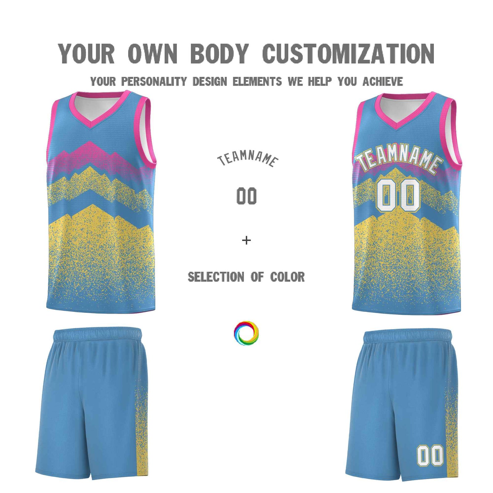Personalized Youth Basketball Jerseys Light Blue Khaki Gradient Mountain Design Uniforms