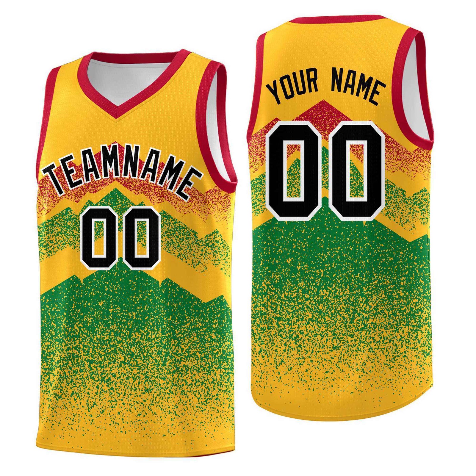 Personalized Youth Basketball Jerseys Gold Kelly Green Gradient Mountain Design Uniforms