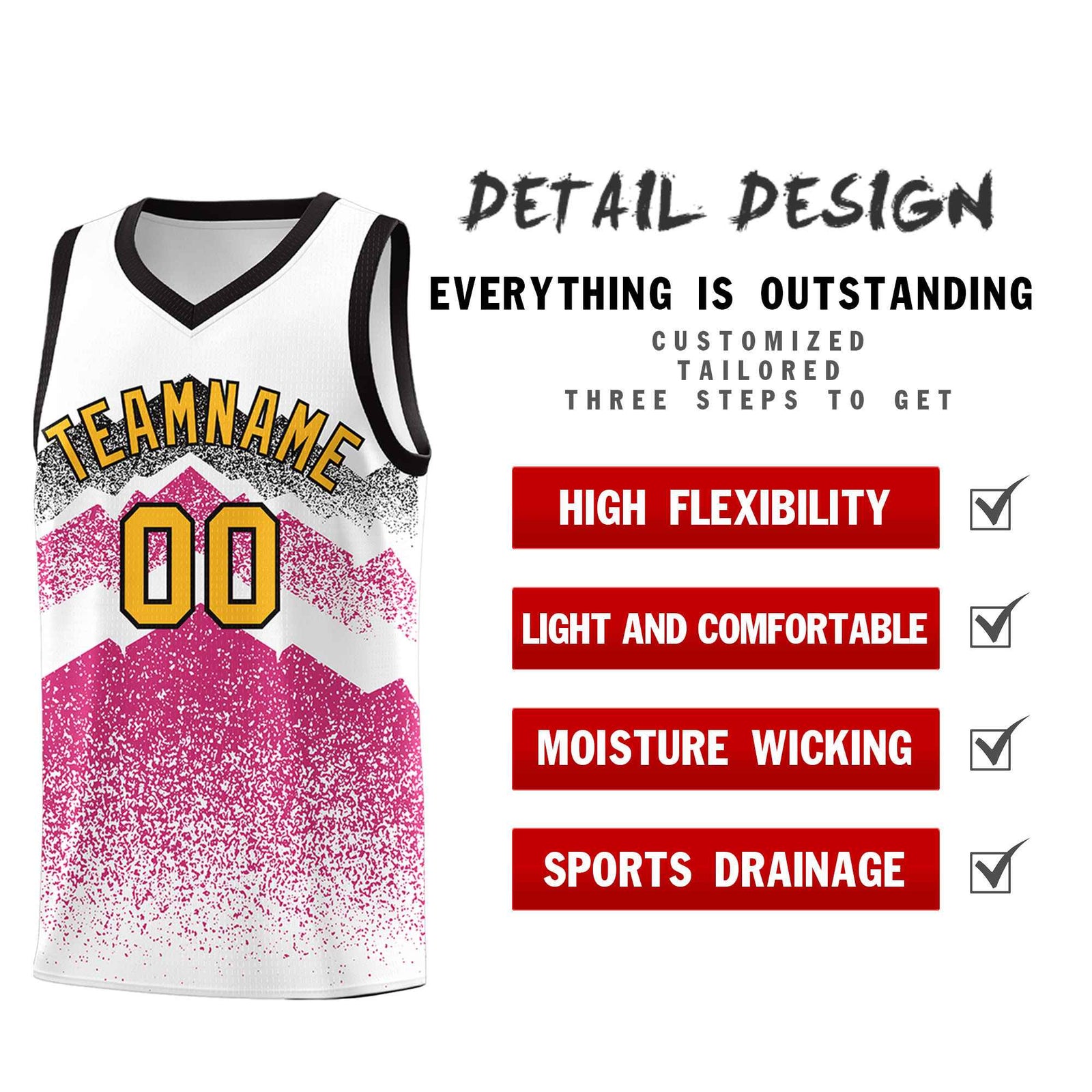 Personalized Youth Basketball Jerseys White Rose Red Gradient Mountain Design Uniforms