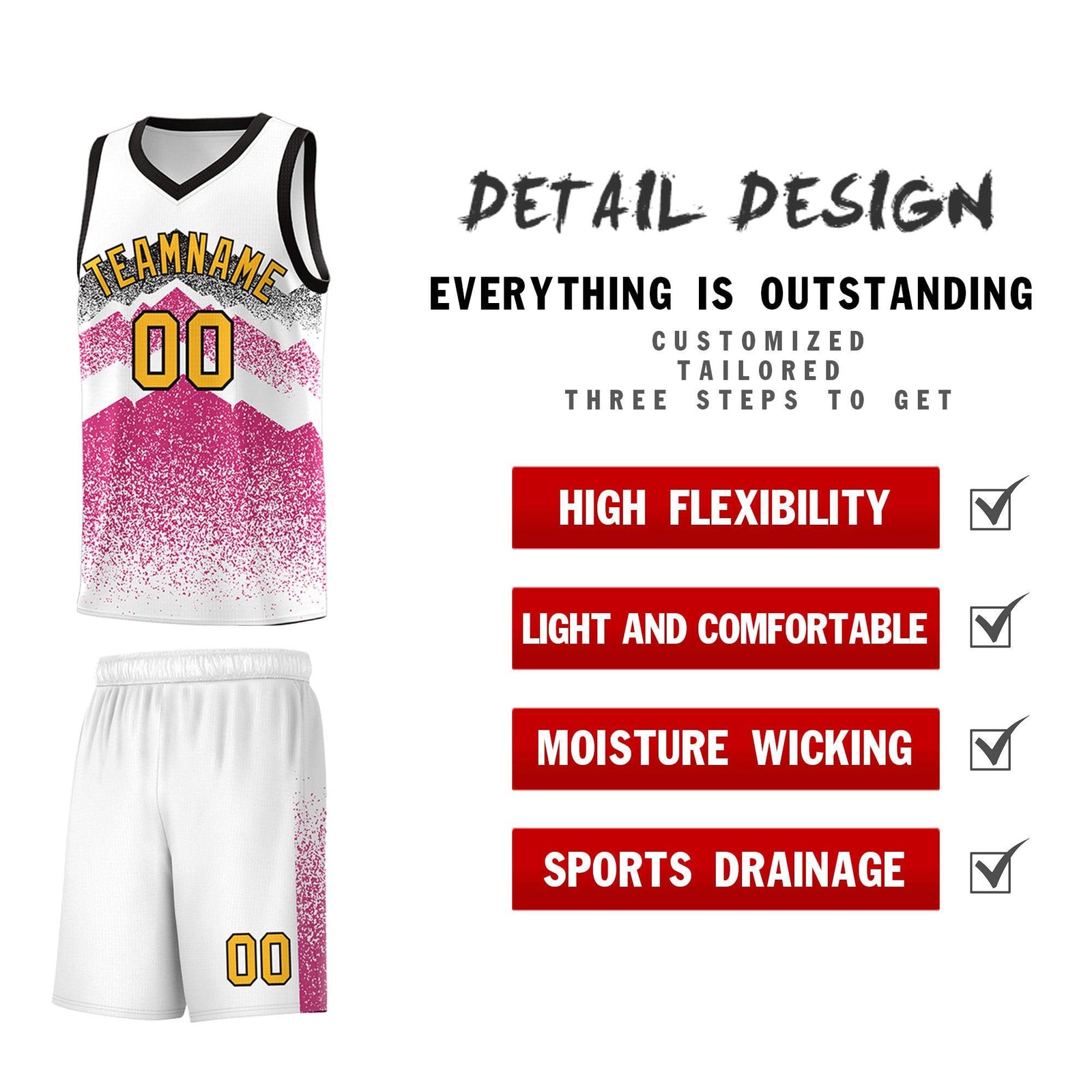 Personalized Youth Basketball Jerseys White Rose Red Gradient Mountain Design Uniforms