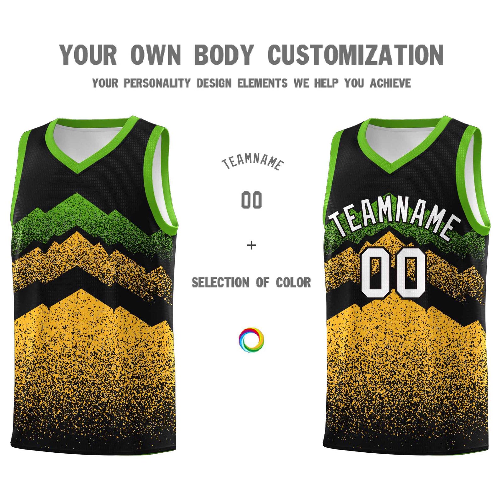 Personalized Youth Basketball Jerseys Black Gold Gradient Mountain Design Uniforms