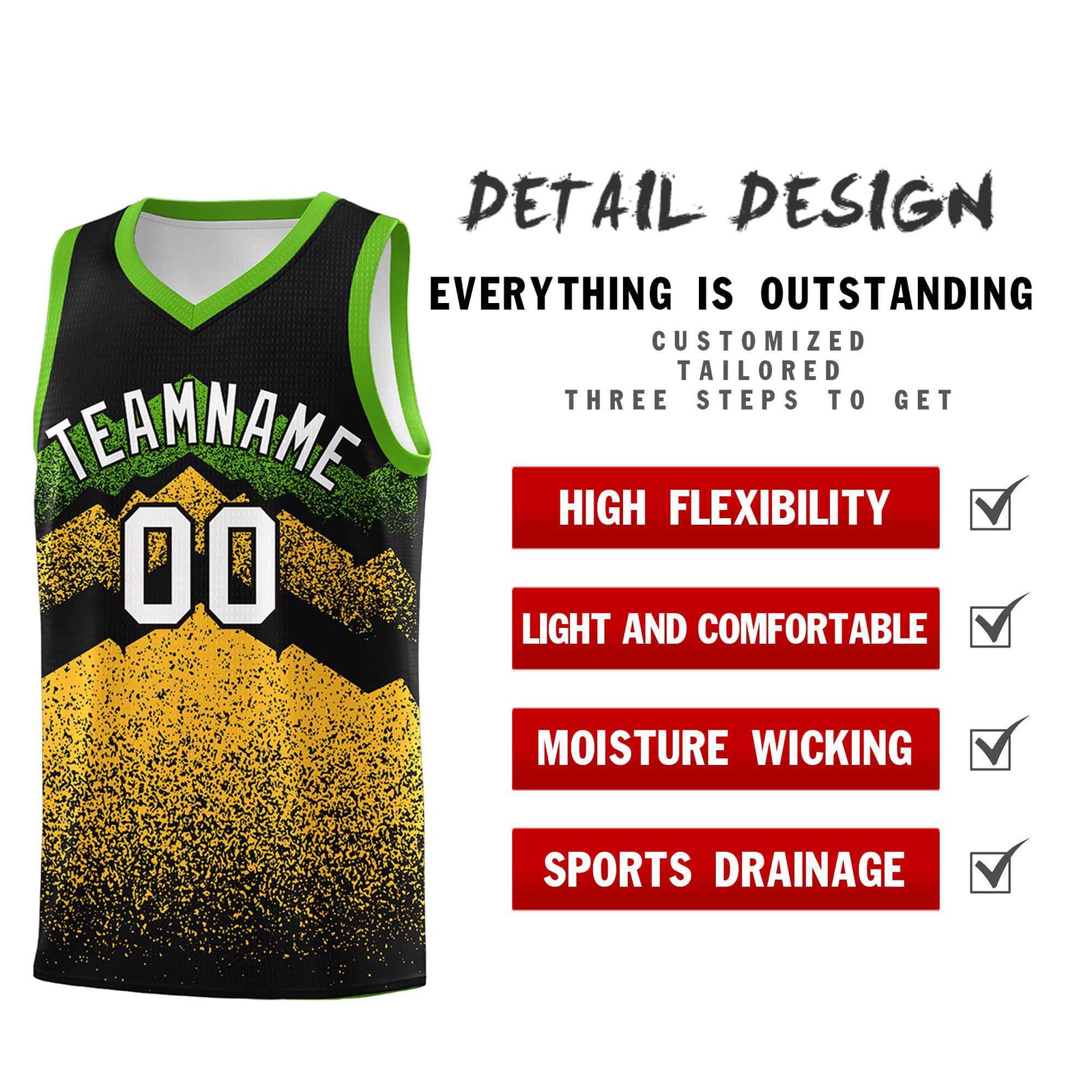 Personalized Youth Basketball Jerseys Black Gold Gradient Mountain Design Uniforms