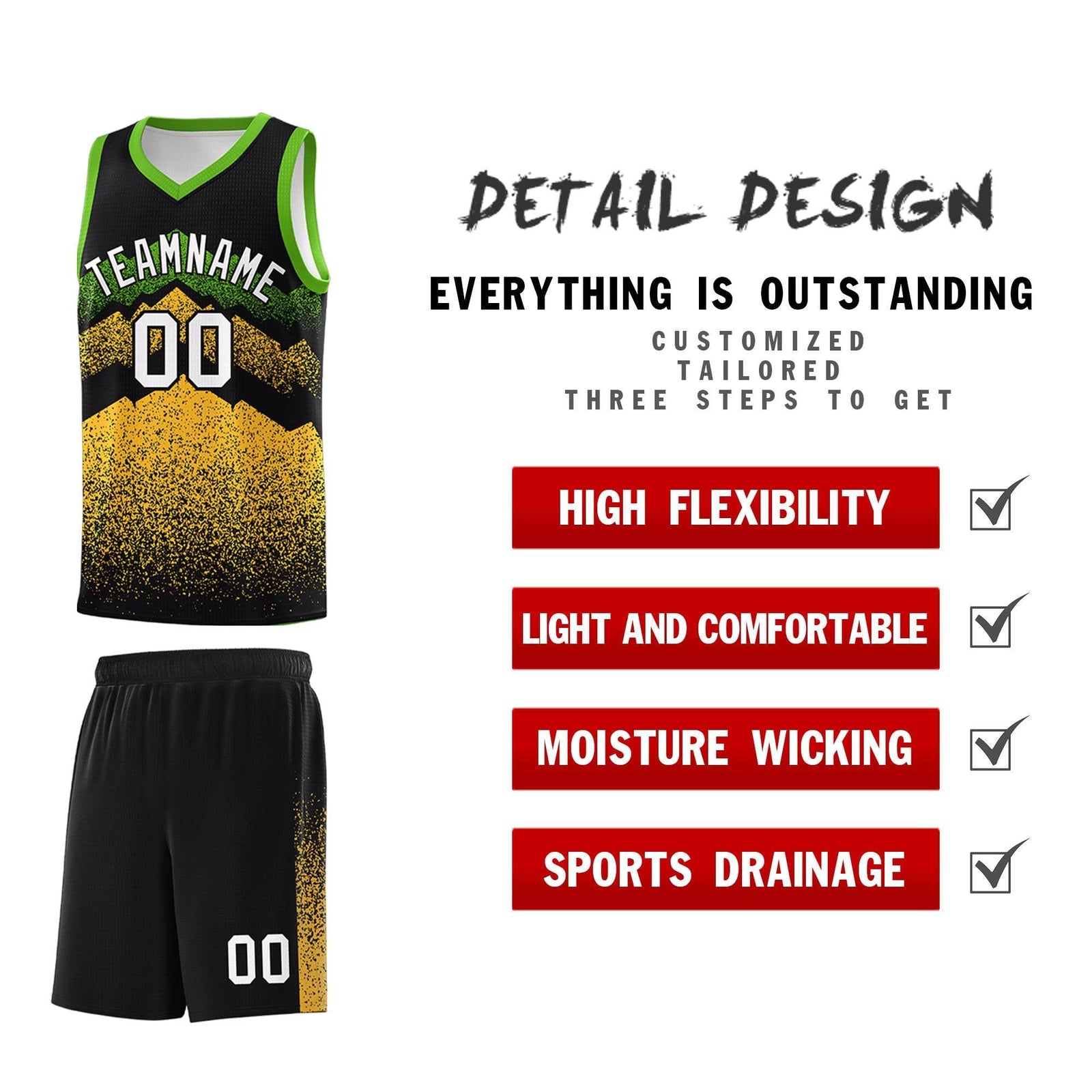 Personalized Youth Basketball Jerseys Black Gold Gradient Mountain Design Uniforms