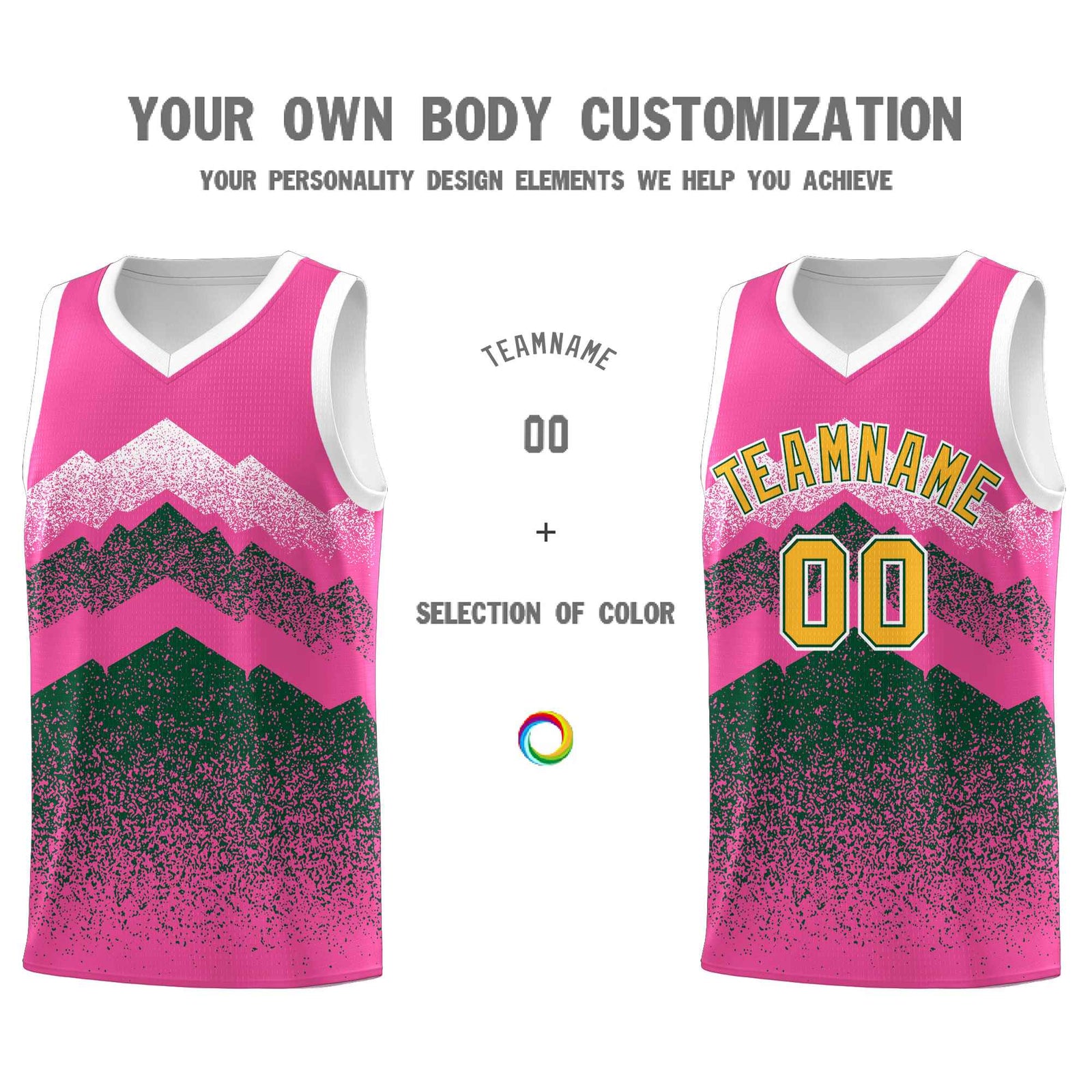 Personalized Youth Basketball Jerseys Pink Green Gradient Mountain Design Uniforms