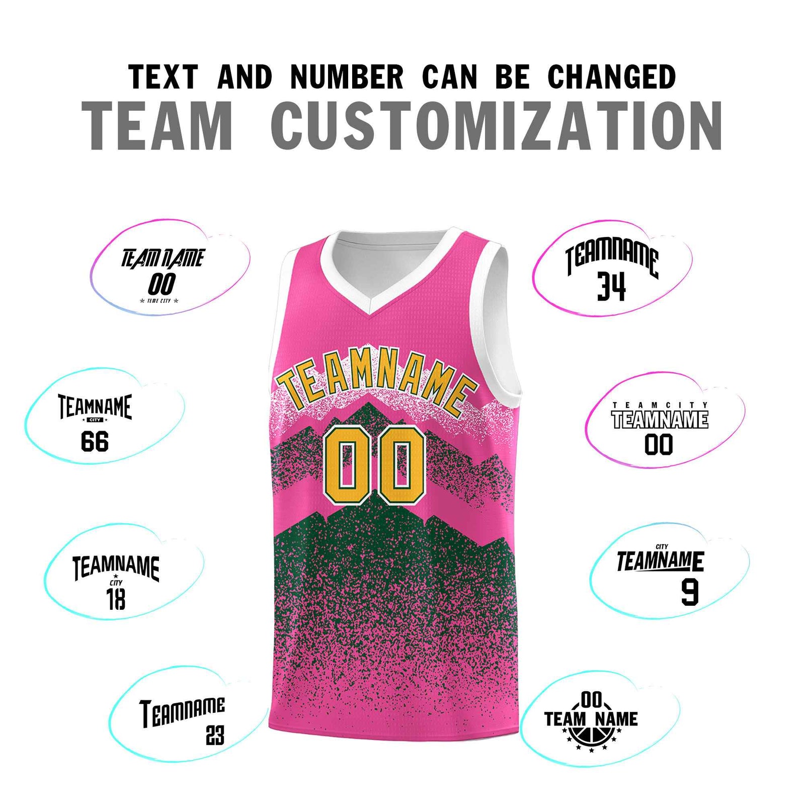 Personalized Youth Basketball Jerseys Pink Green Gradient Mountain Design Uniforms