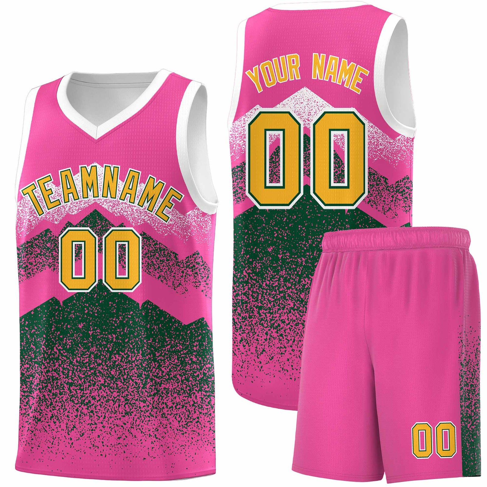 Personalized Youth Basketball Jerseys Pink Green Gradient Mountain Design Uniforms