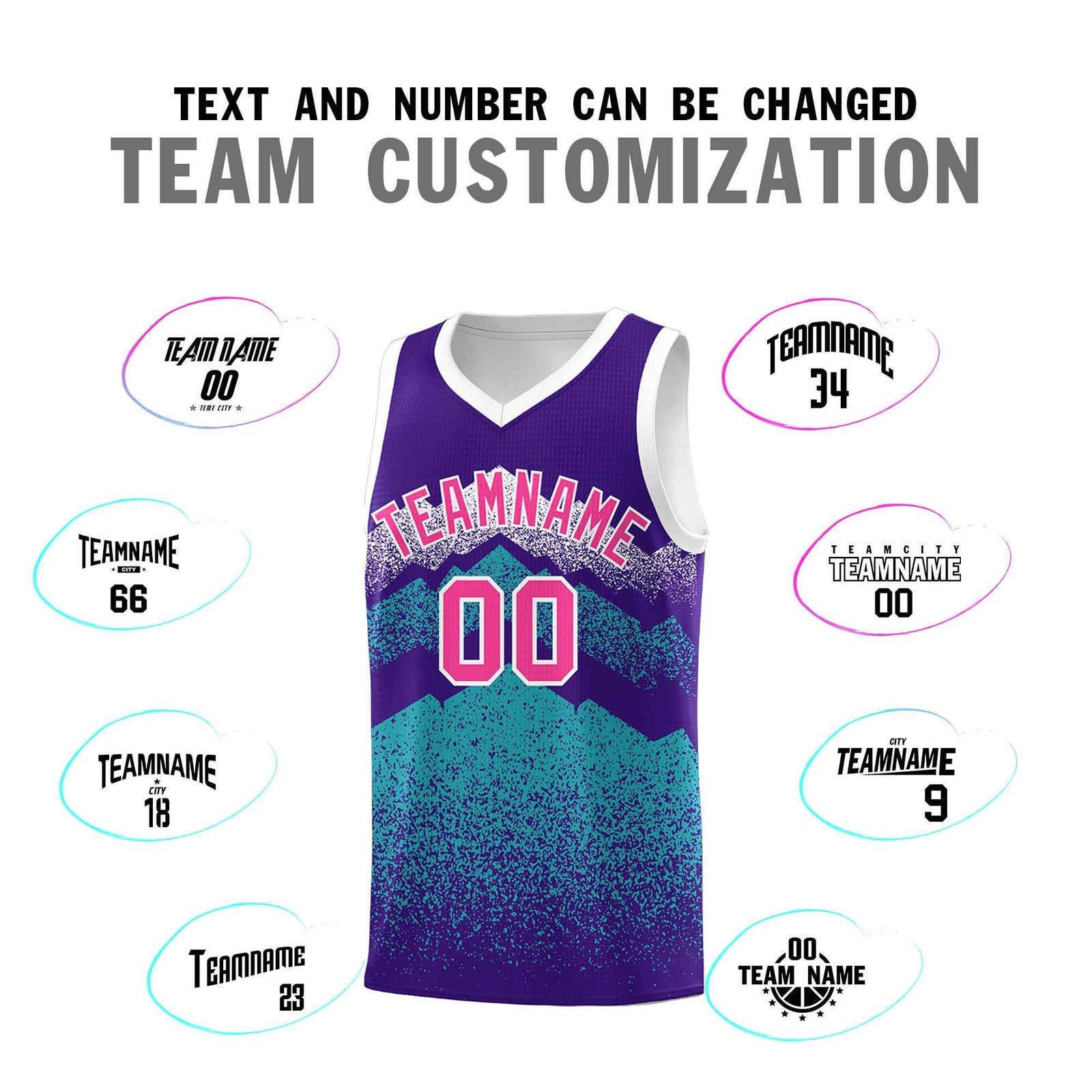 Personalized Youth Basketball Jerseys Purple Aqua Gradient Mountain Design Uniforms