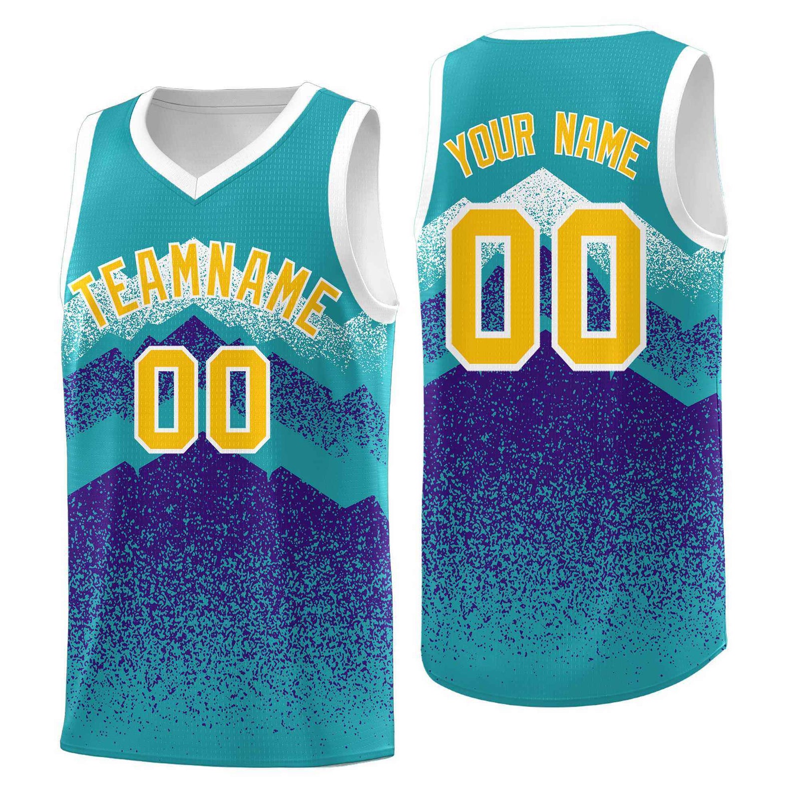 Personalized Youth Basketball Jerseys Aqua Purple Gradient Mountain Design Uniforms