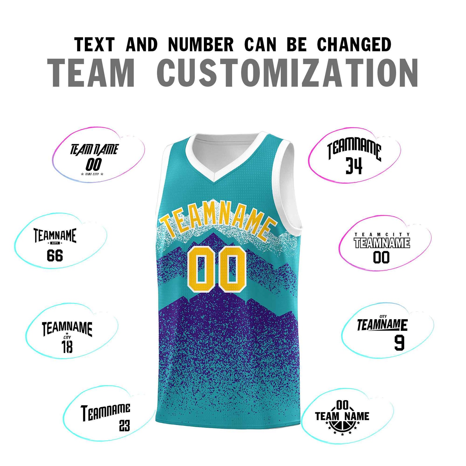 Personalized Youth Basketball Jerseys Aqua Purple Gradient Mountain Design Uniforms