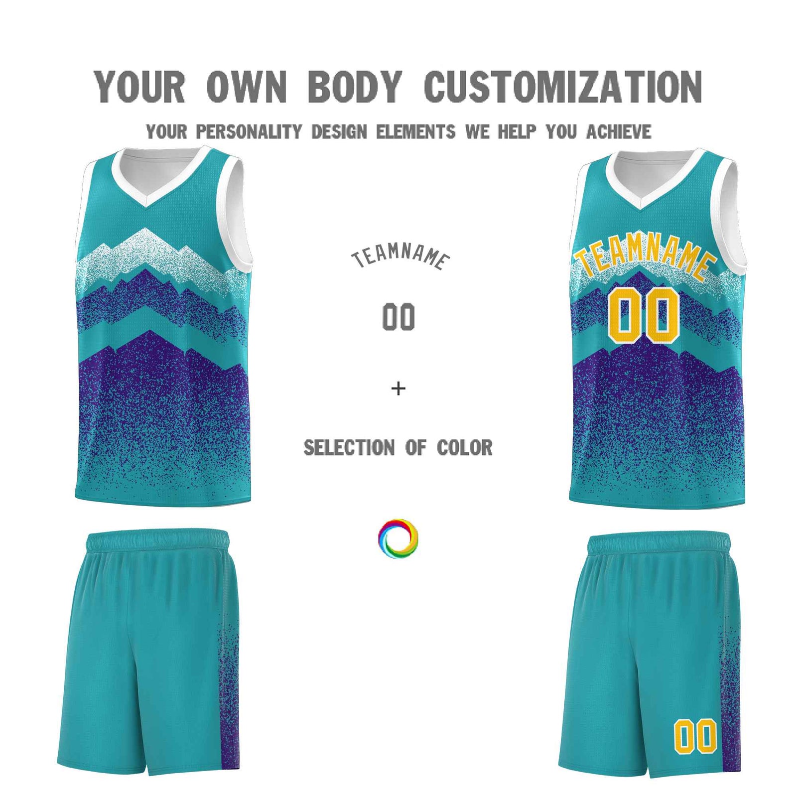 Personalized Youth Basketball Jerseys Aqua Purple Gradient Mountain Design Uniforms