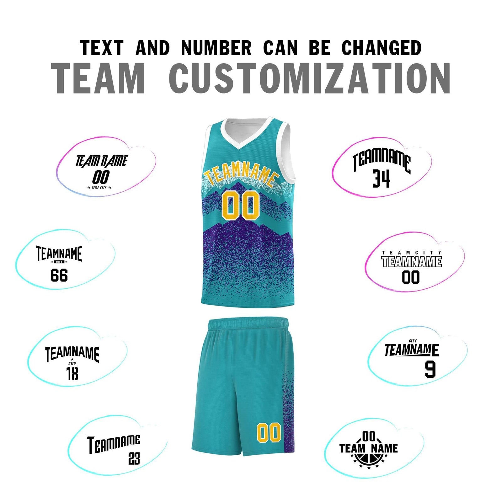 Personalized Youth Basketball Jerseys Aqua Purple Gradient Mountain Design Uniforms