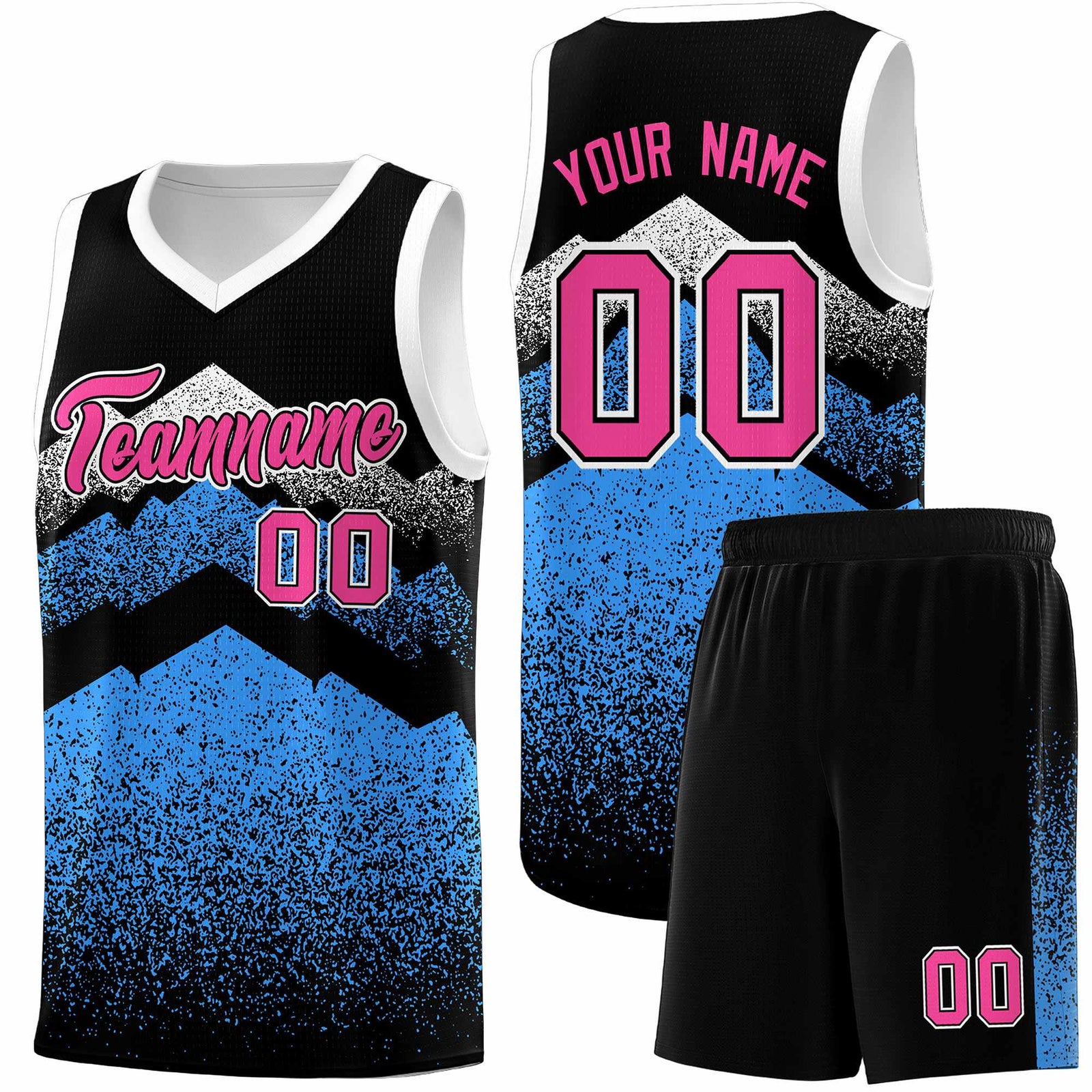 Personalized Youth Basketball Jerseys Black Powder Blue Gradient Mountain Design Uniforms
