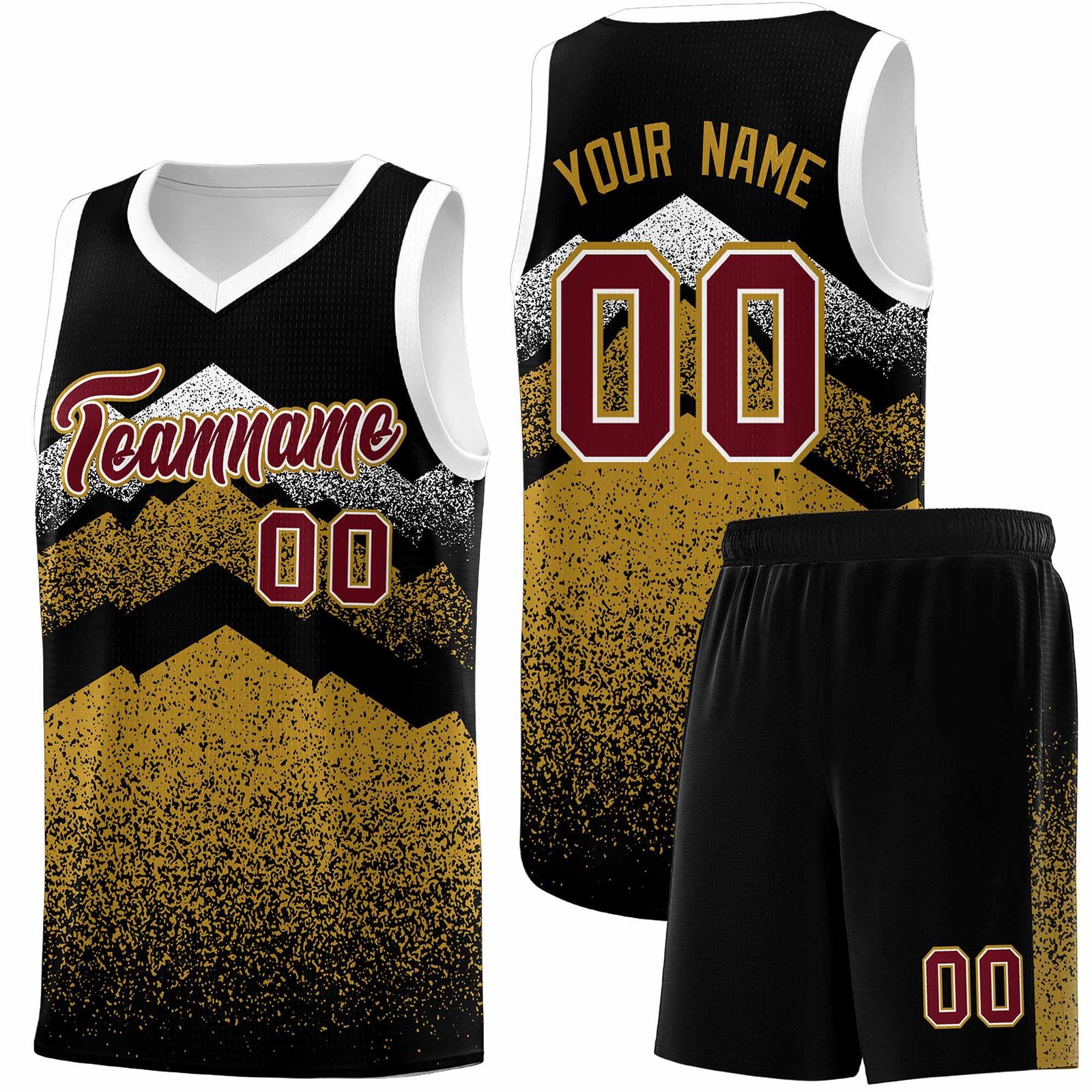 Custom Youth Basketball Jerseys Black Old Gold Gradient Mountain Design Uniforms