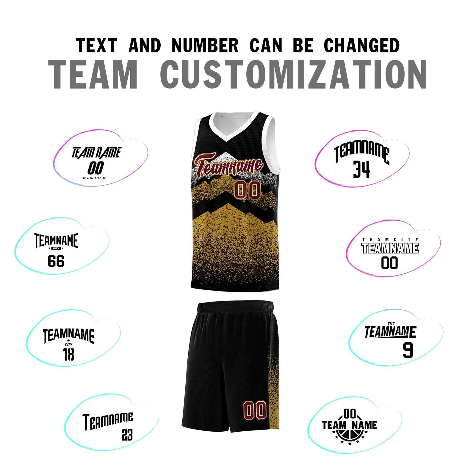 Custom Youth Basketball Jerseys Black Old Gold Gradient Mountain Design Uniforms