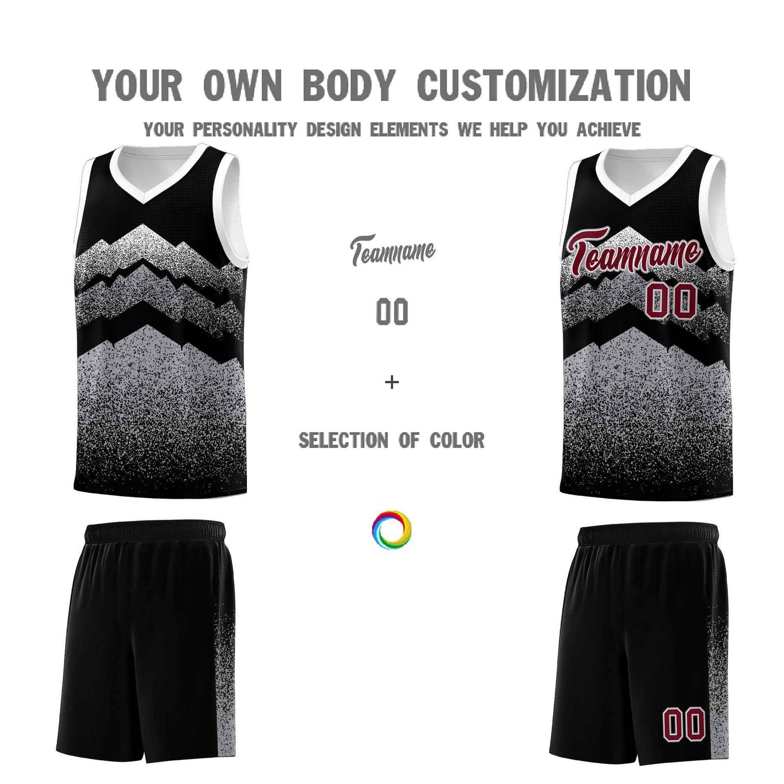Personalized Youth Basketball Jerseys Black Gray Gradient Mountain Design Uniforms