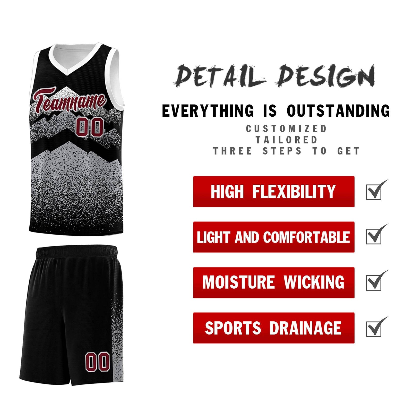 Personalized Youth Basketball Jerseys Black Gray Gradient Mountain Design Uniforms