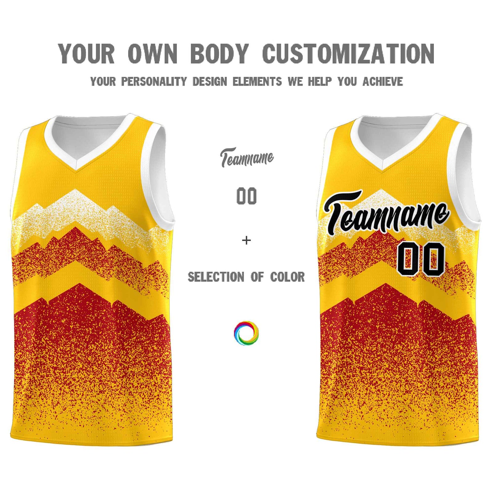 Personalized Youth Basketball Jerseys Gold Red Gradient Mountain Design Uniforms