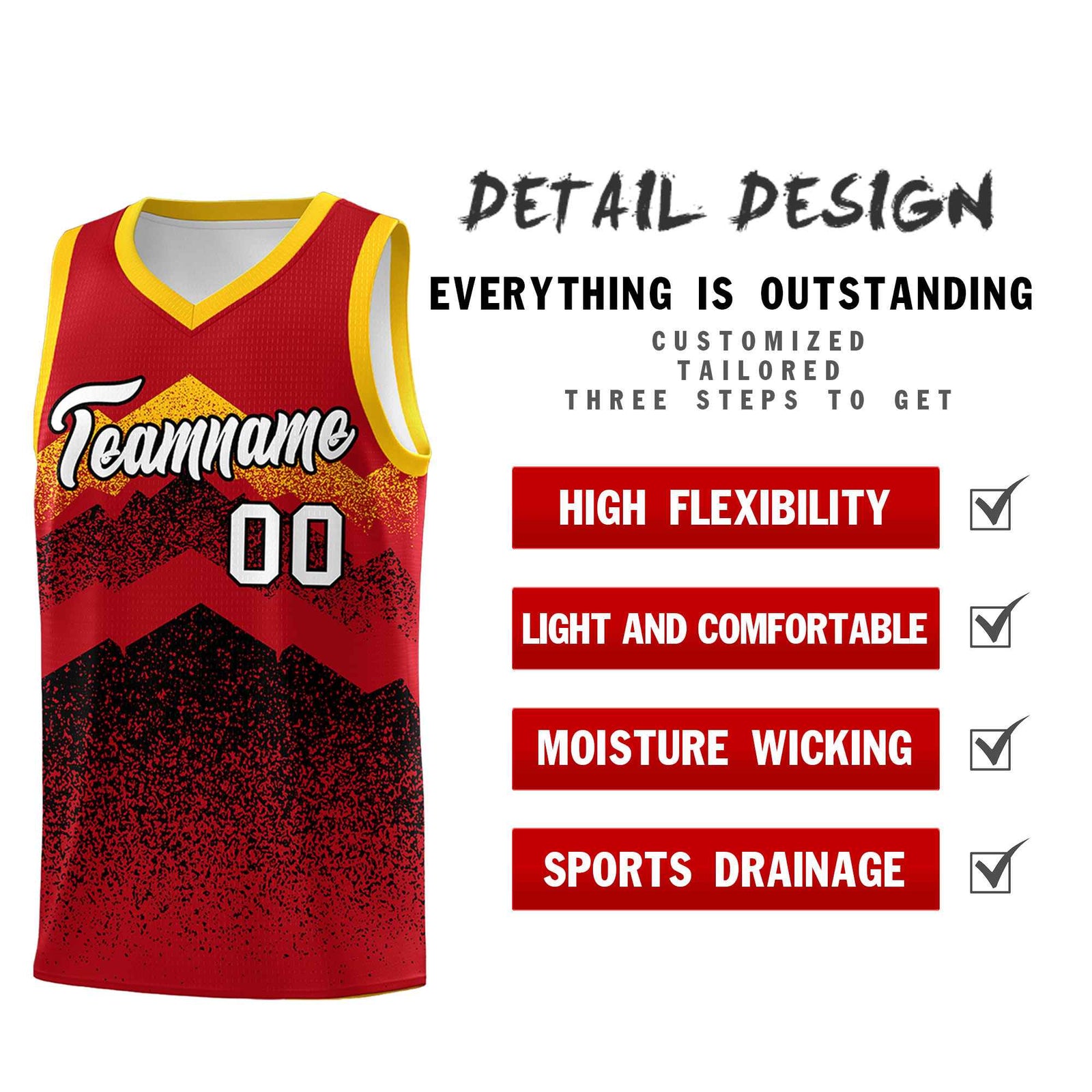 Custom Youth Basketball Jerseys Red Black Gradient Mountain Design Uniforms