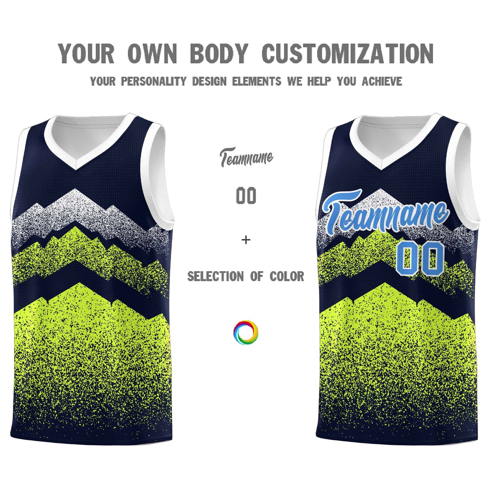 Personalized Youth Basketball Jerseys Navy Neon Green Gradient Mountain Design Uniforms