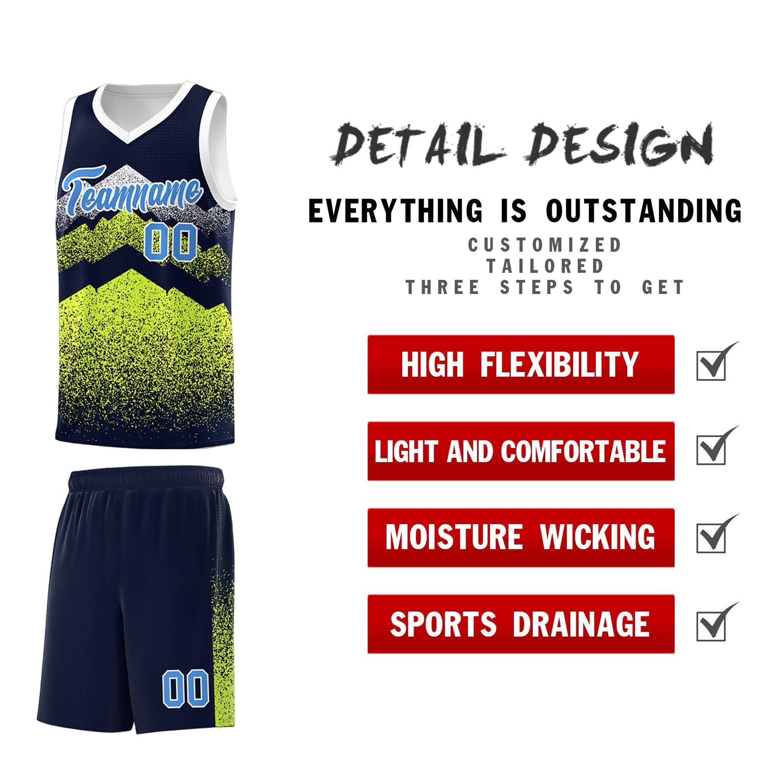 Personalized Youth Basketball Jerseys Navy Neon Green Gradient Mountain Design Uniforms