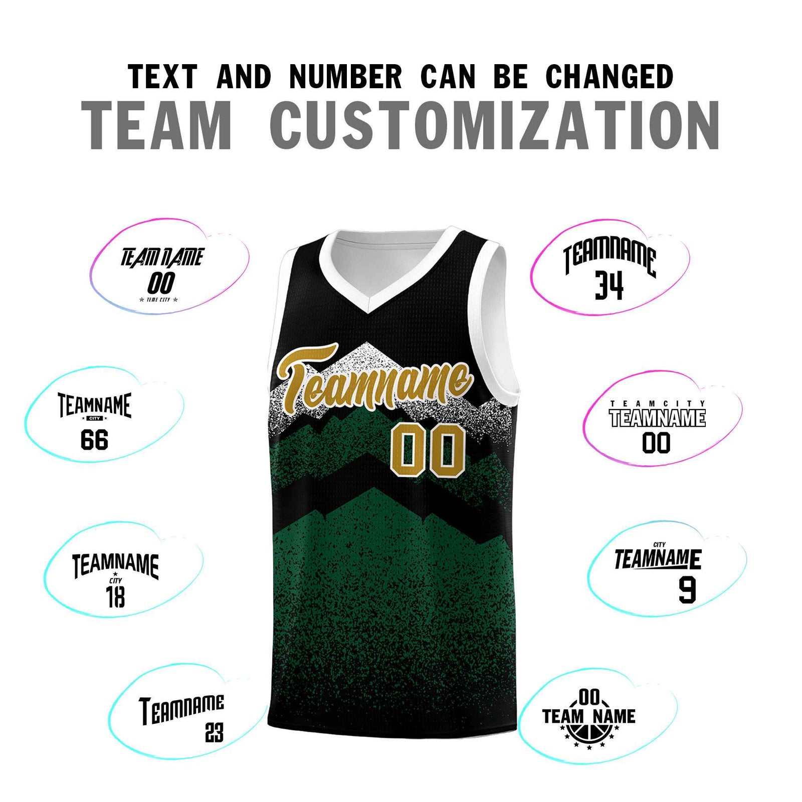 Personalized Youth Basketball Jerseys Black Green Gradient Mountain Design Uniforms