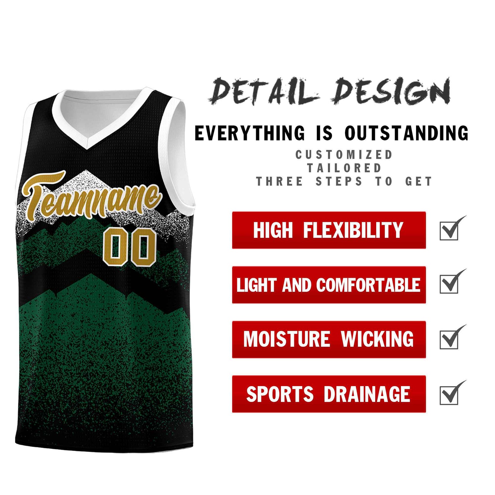Personalized Youth Basketball Jerseys Black Green Gradient Mountain Design Uniforms