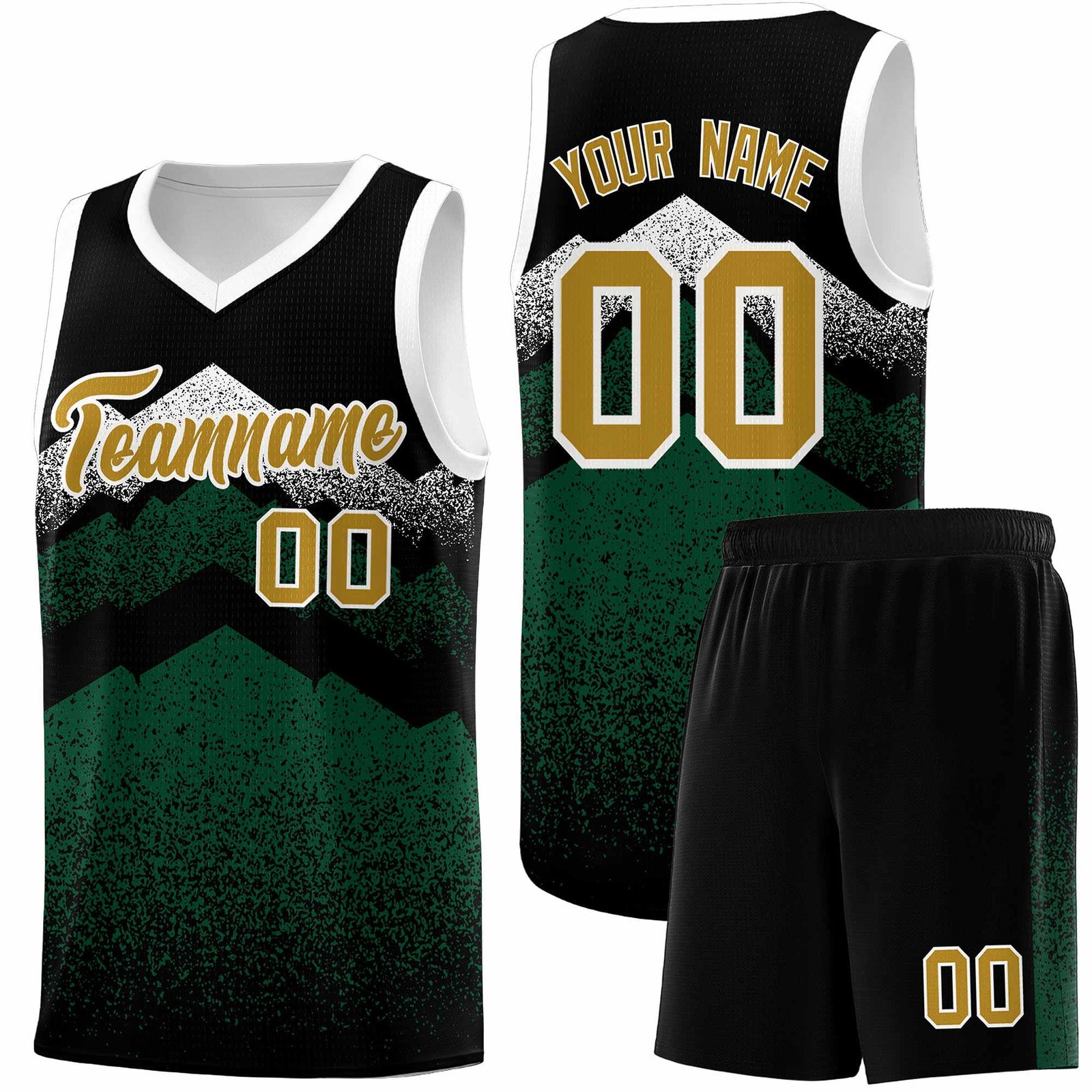 Personalized Youth Basketball Jerseys Black Green Gradient Mountain Design Uniforms