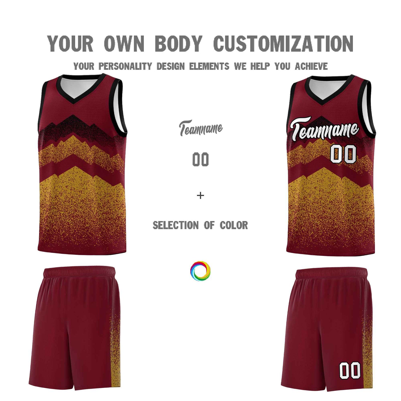 Personalized Youth Basketball Jerseys Crimson Old Gold Gradient Mountain Design Uniforms