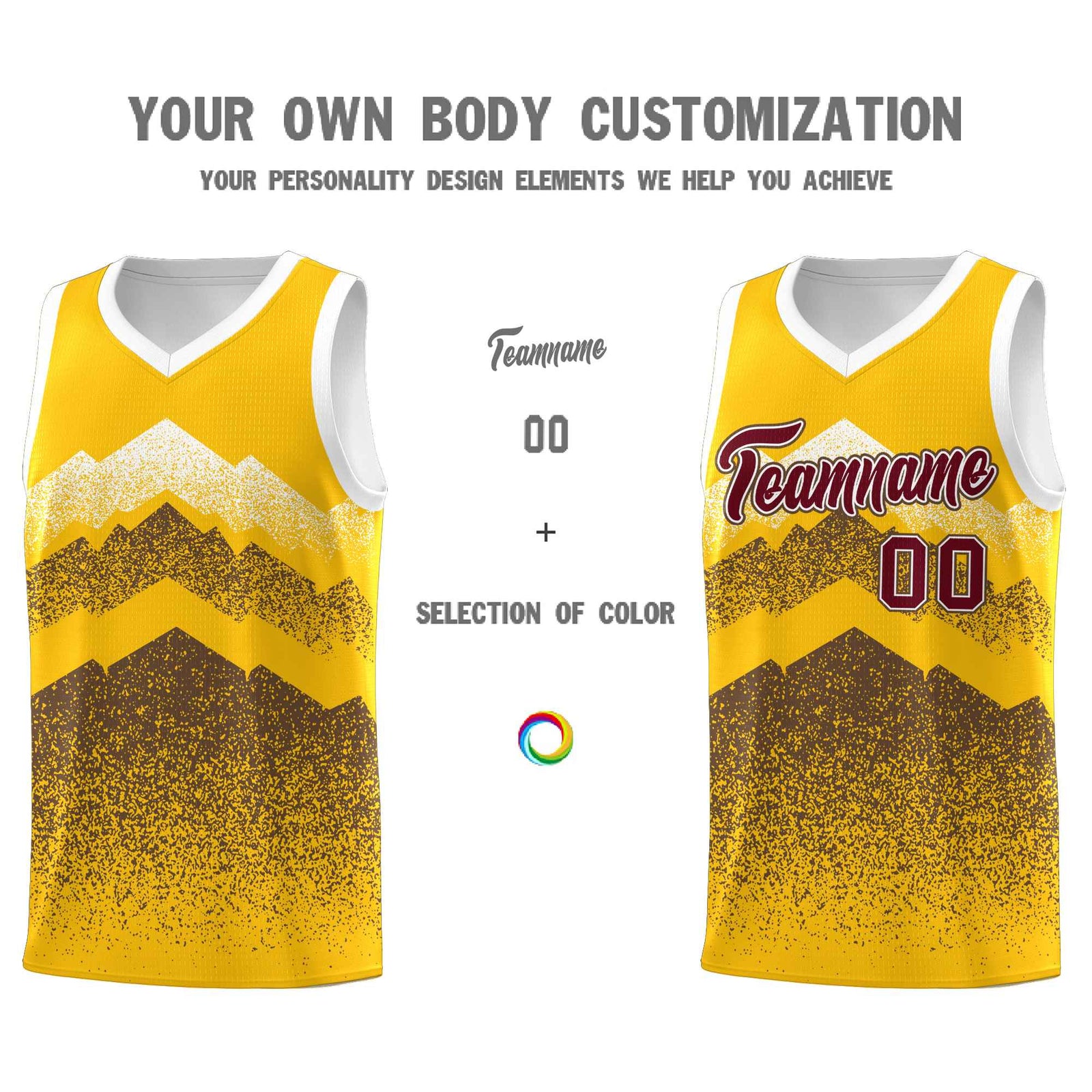 Custom Youth Basketball Jerseys Gold Coffee Gradient Mountain Design Uniforms