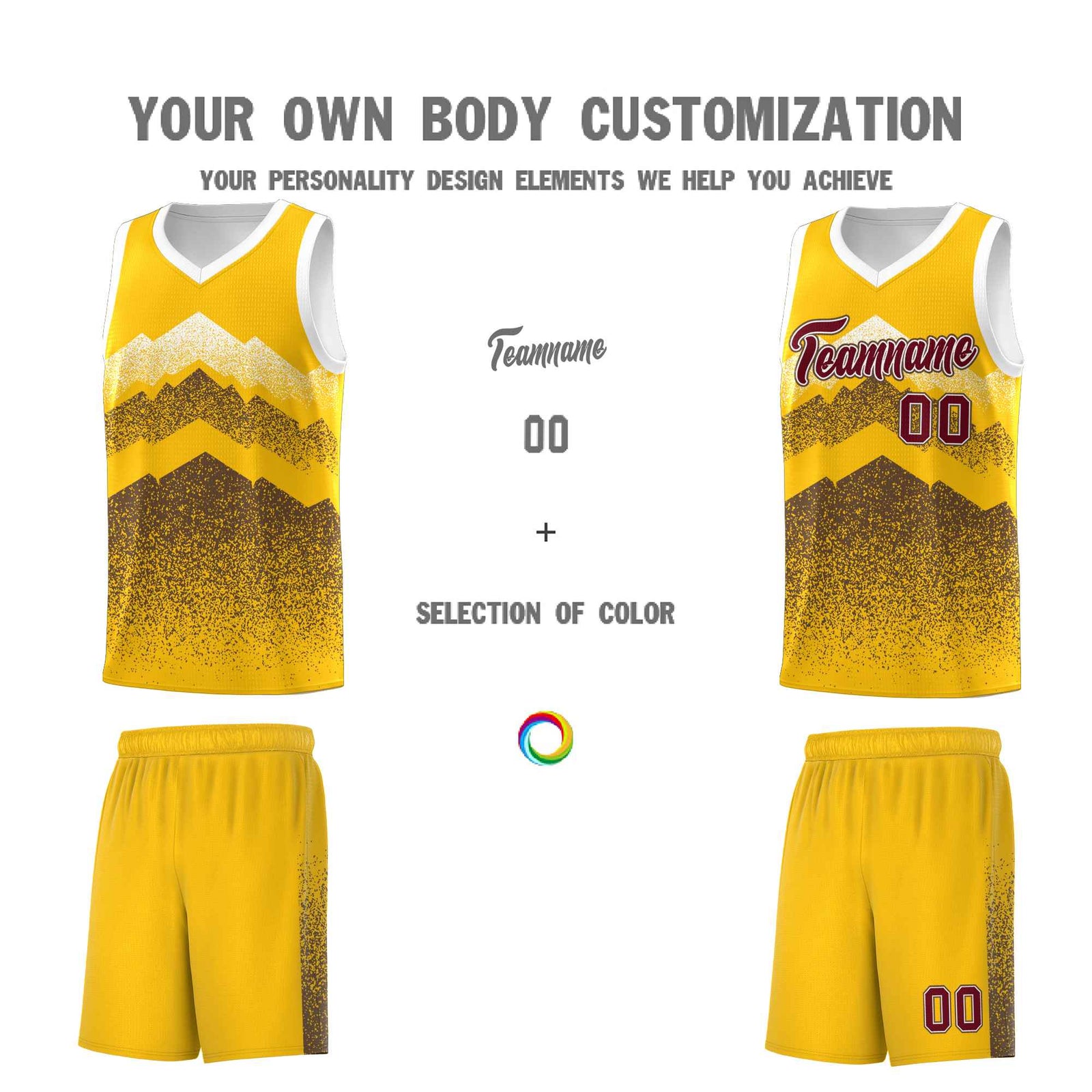 Custom Youth Basketball Jerseys Gold Coffee Gradient Mountain Design Uniforms