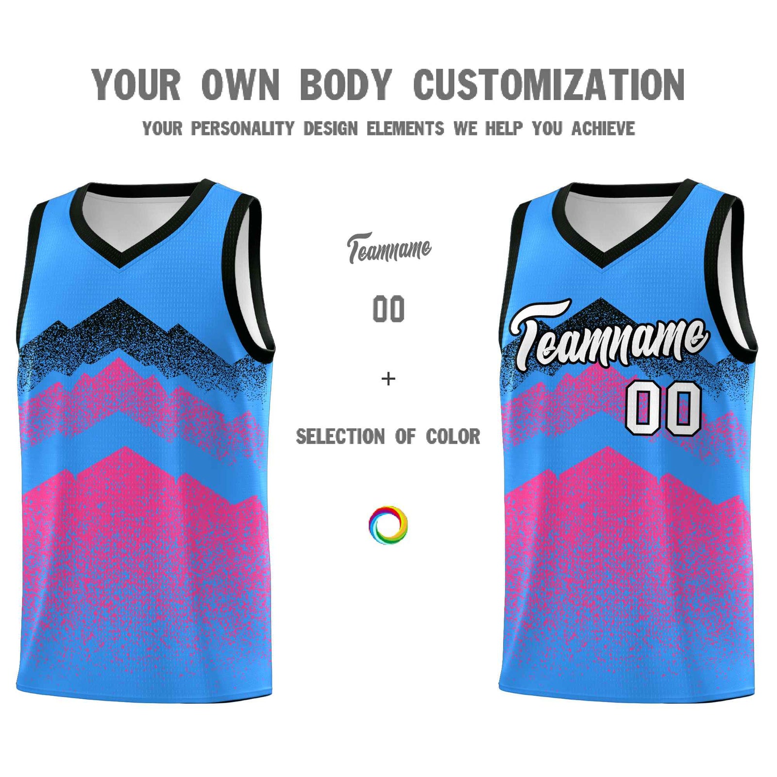 Custom Youth Basketball Jerseys Powder Blue Pink Gradient Mountain Design Uniforms