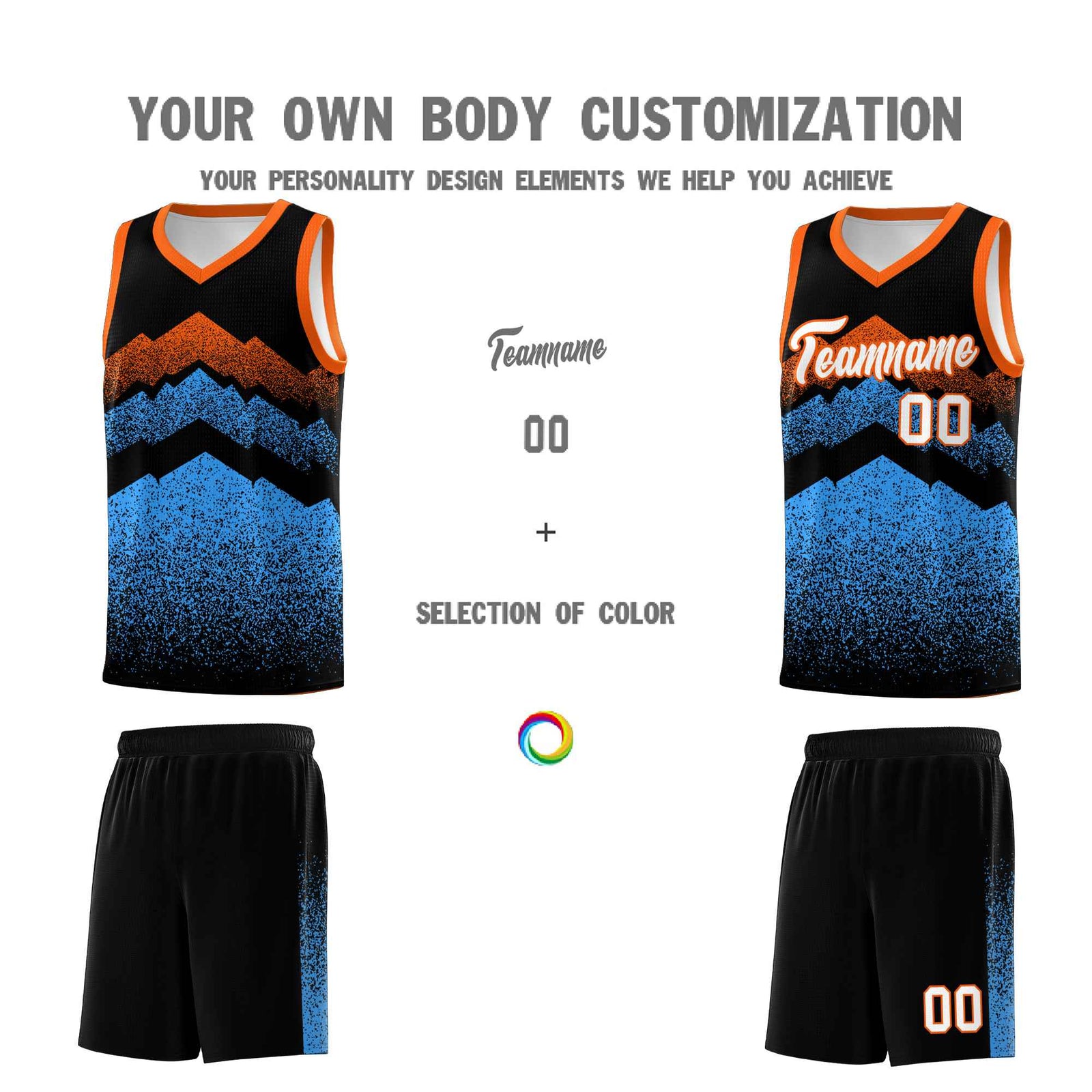 Personalized Youth Basketball Jerseys Black Powder Blue Gradient Mountain Design Uniforms