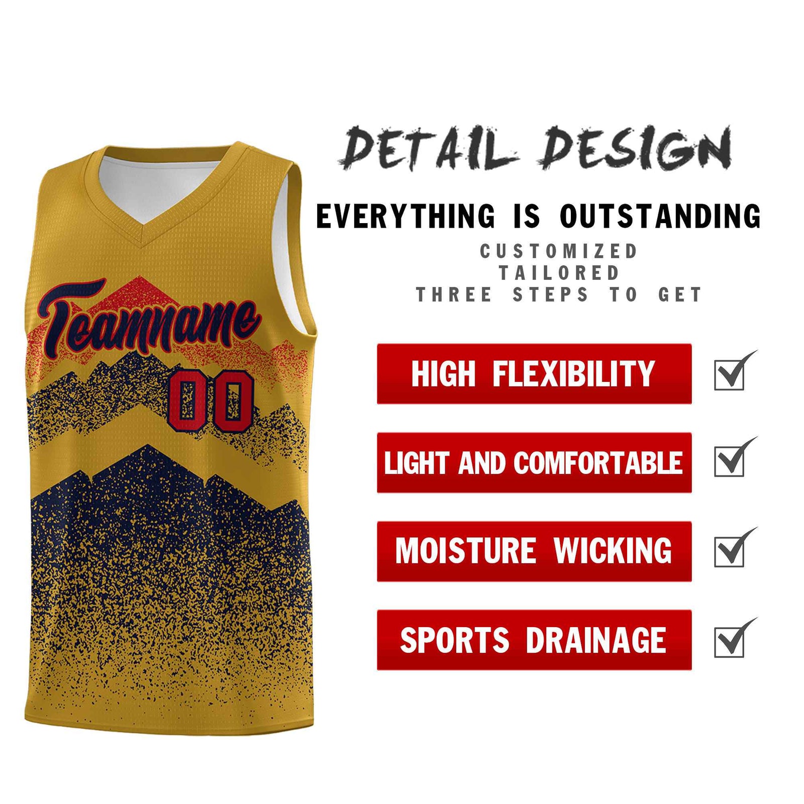 Personalized Youth Basketball Jerseys Old Gold Navy Gradient Mountain Design Uniforms