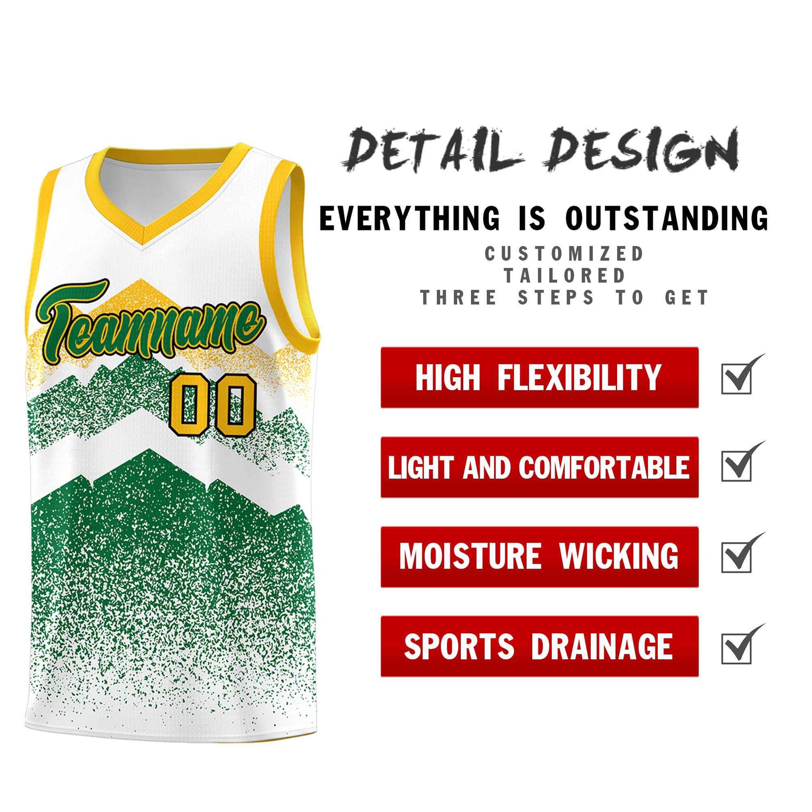 Personalized Youth Basketball Jerseys White Kelly Green Gradient Mountain Design Uniforms